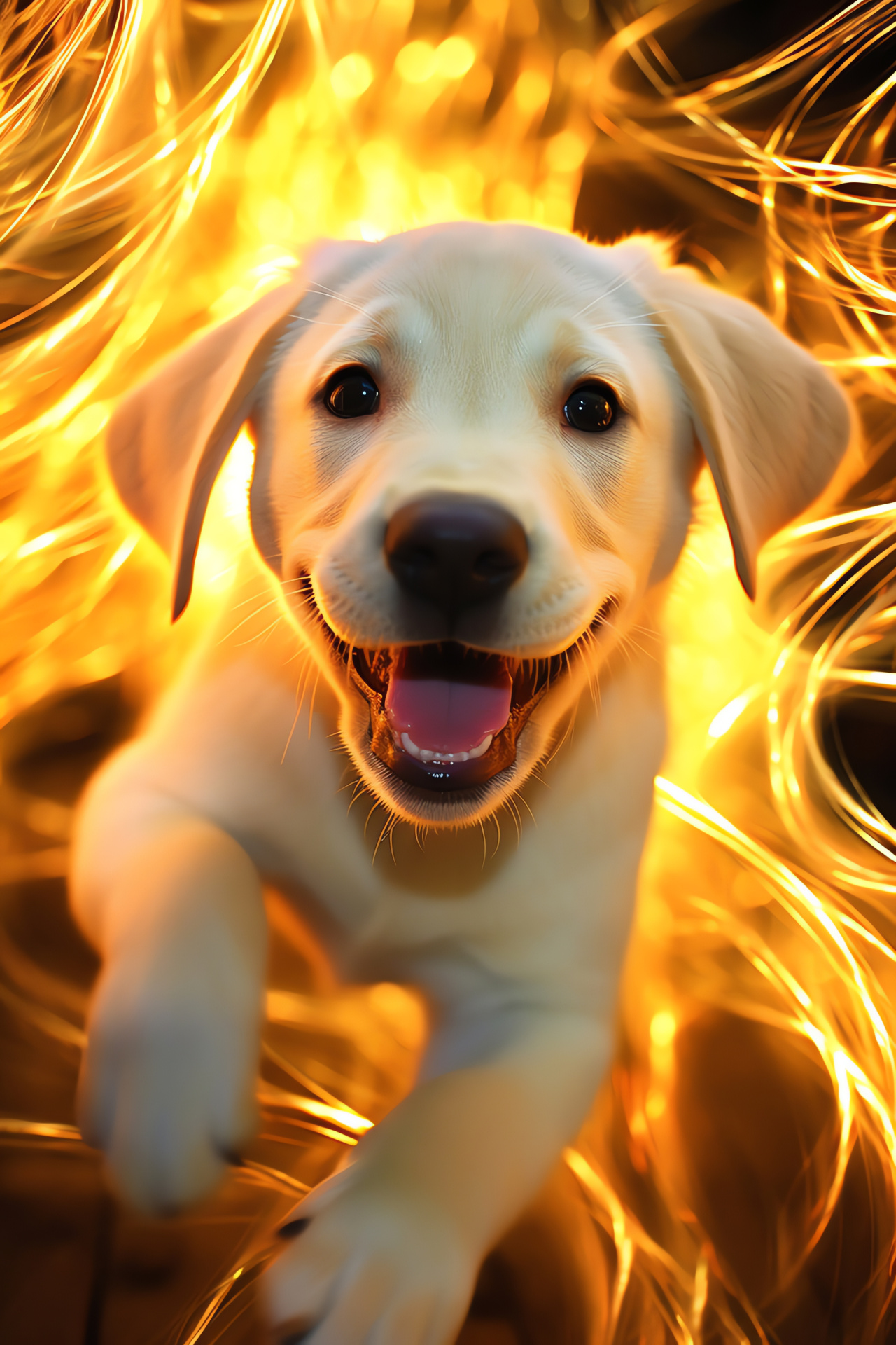 Labrador Retriever, playful demeanor, canine close-up, radiant swirl effects, pet vibrancy, HD Phone Image