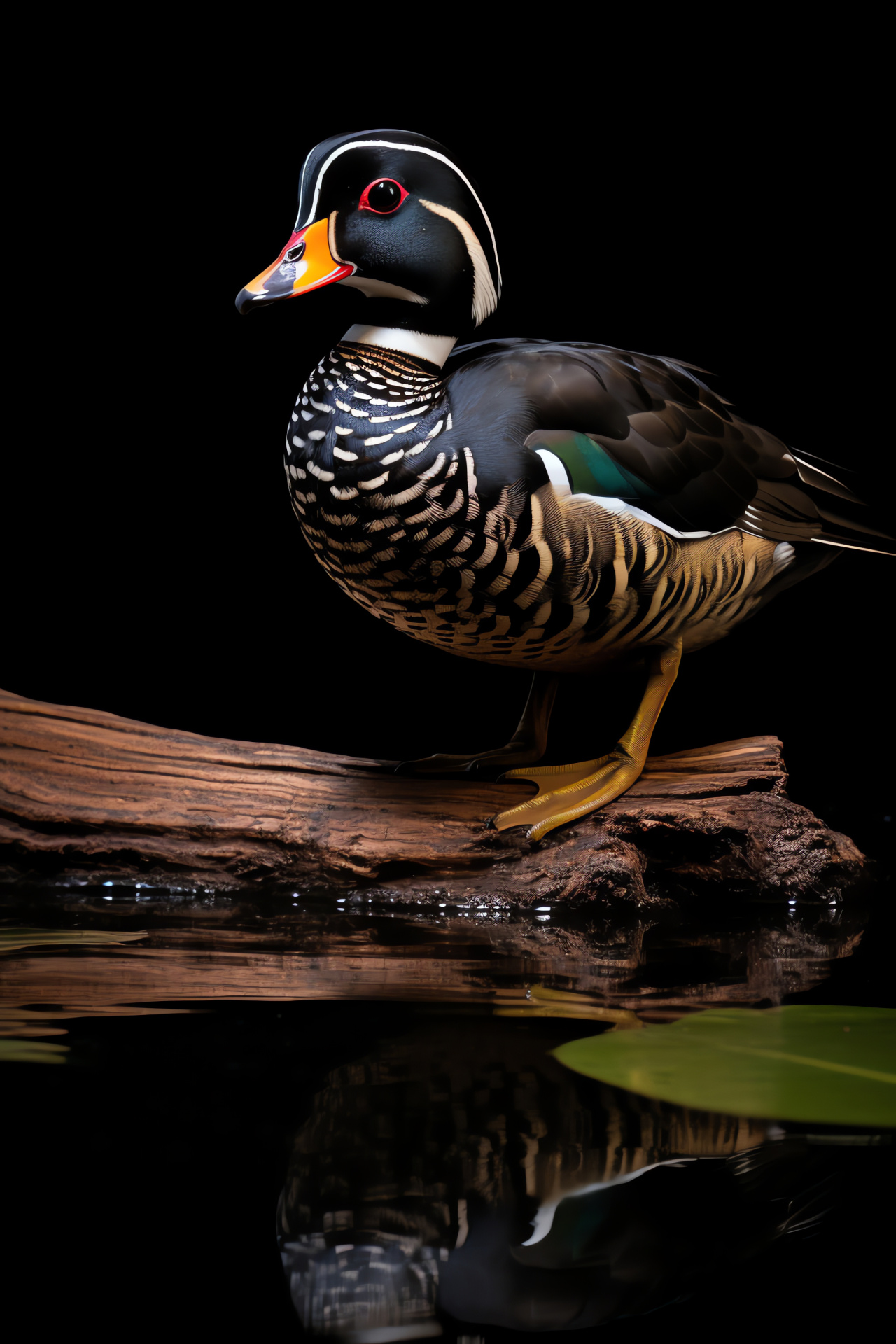 Wood Duck, serenity on water, gliding motion, placid lake reflection, intricate plumage design, HD Phone Image