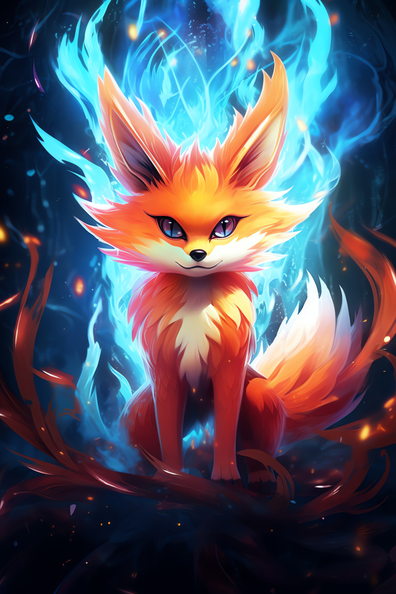 Determined Fennekin, blazing mammalian pelt, animated creature, glowing outline, warmth energy, HD Phone Image