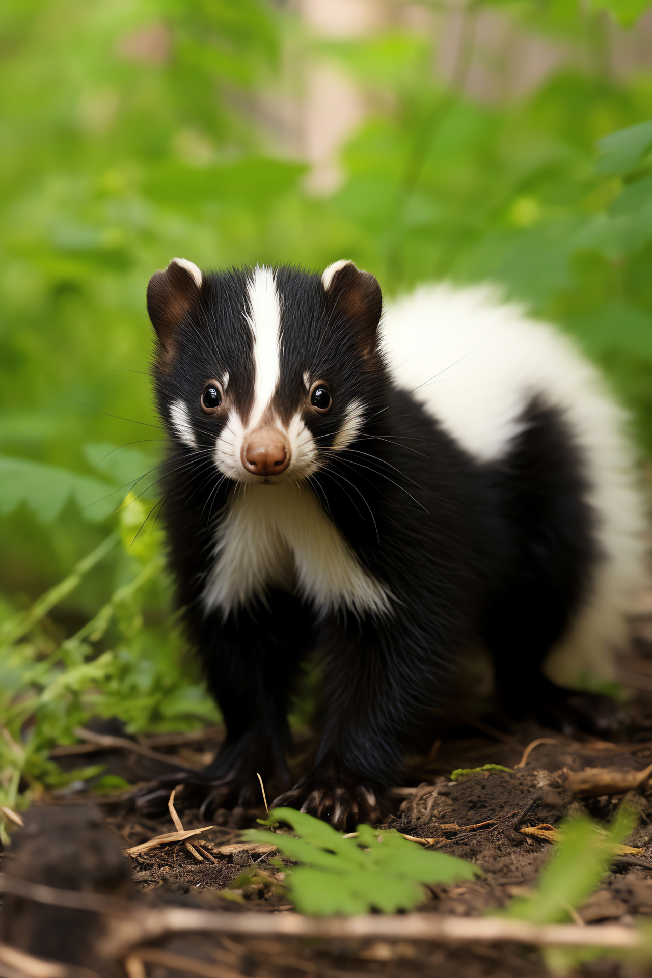 Nature's pattern, juvenile skunk beauty, striking woodland resident, animal adaptability, serene forest, HD Phone Wallpaper