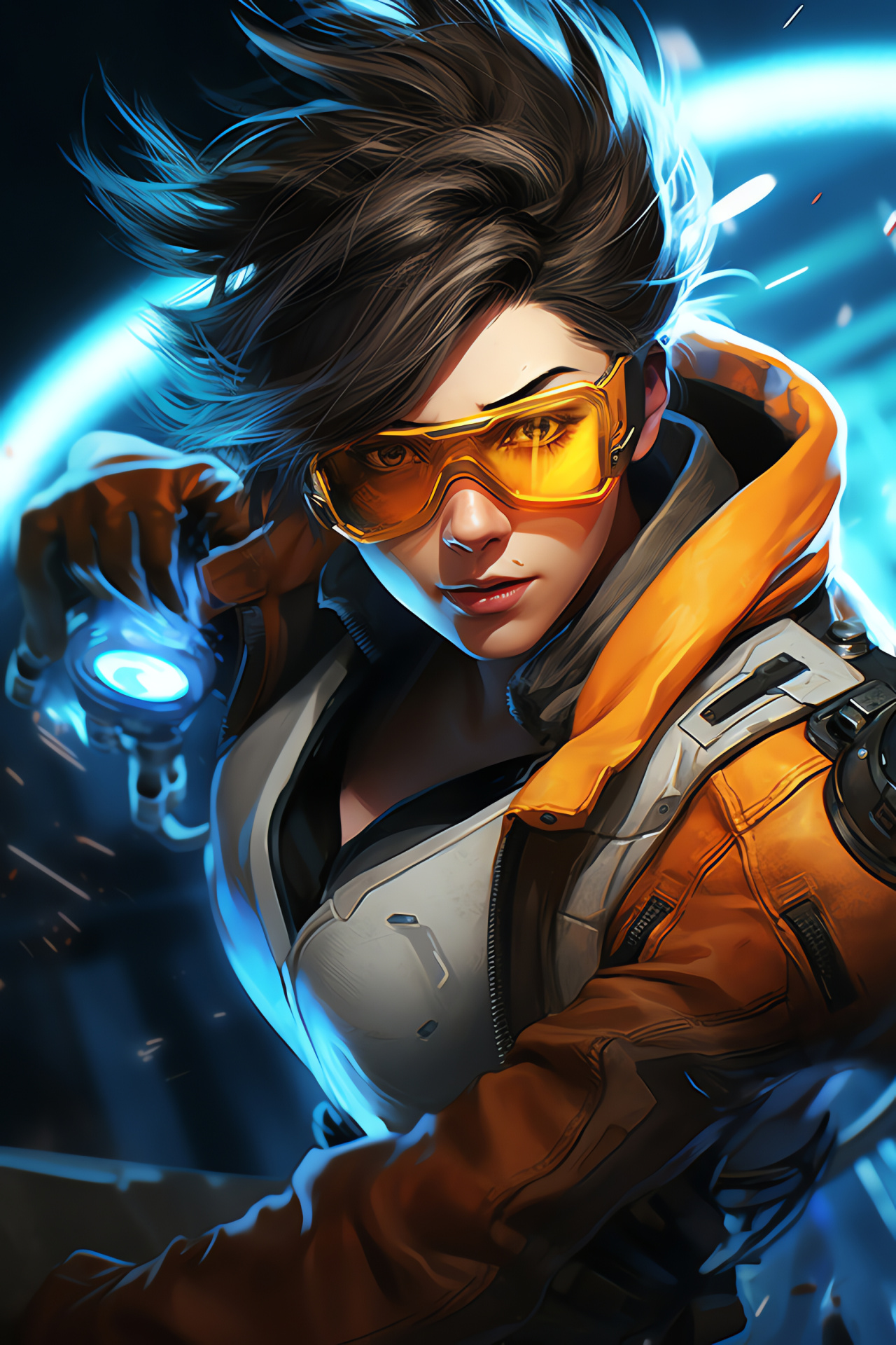 Overwatch Tracer battle scene, Gaming laboratory setting, Chrono-agent, Advanced weaponry techniques, HD Phone Image