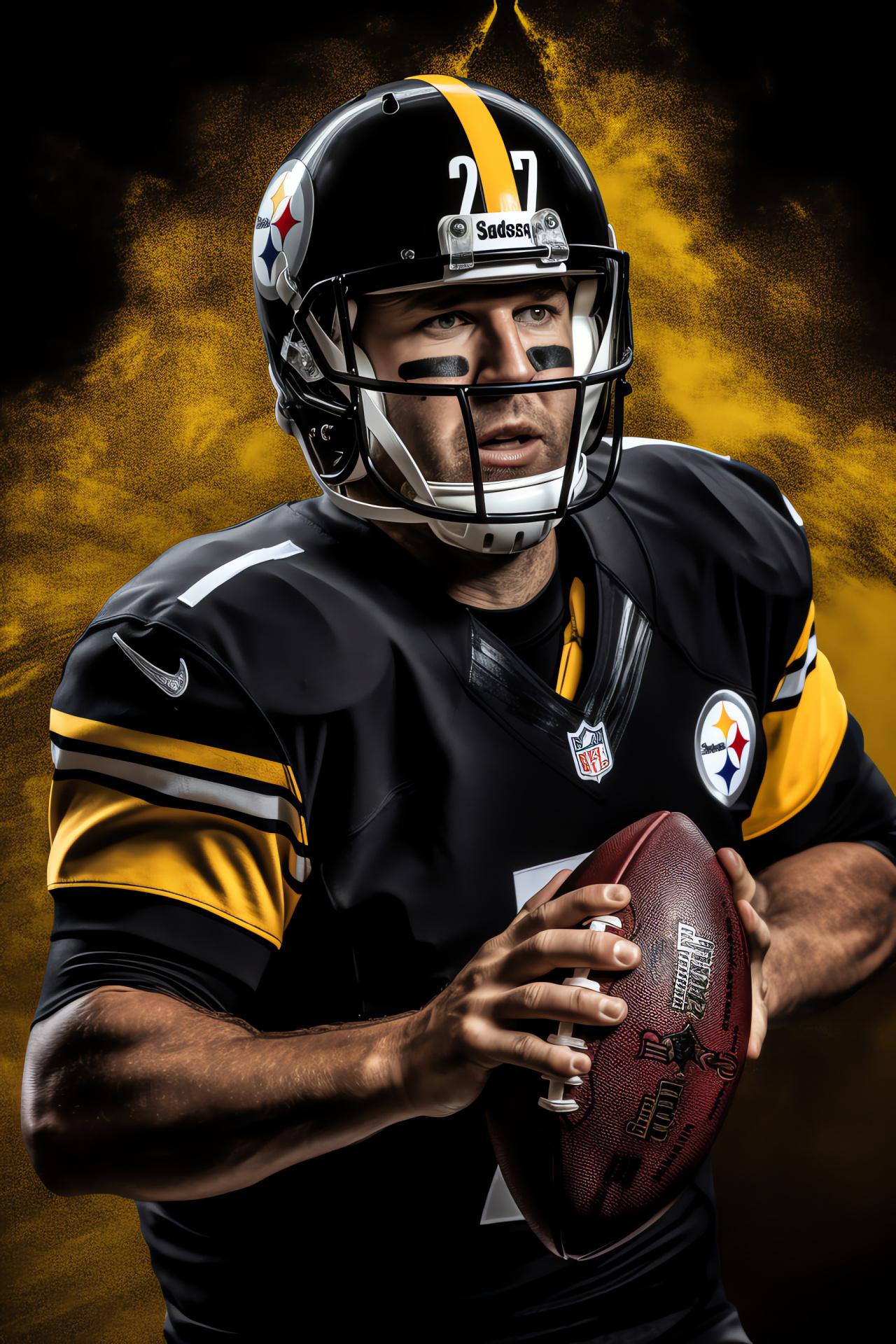 Steelers quarterback, Ben Roethlisberger, NFL professional, American football, Team emblem backdrop, HD Phone Wallpaper