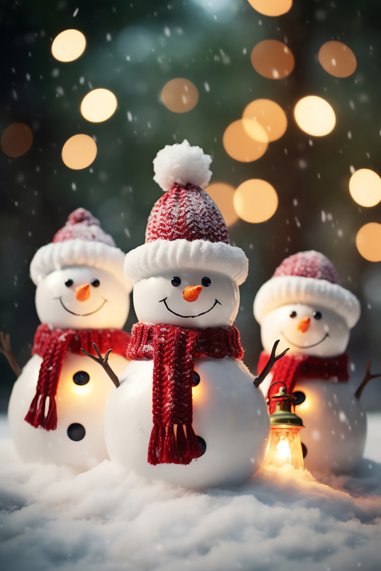 Festive snow figures, knitted headwear, cold season accessories, snowy landscape, Yuletide cheer, HD Phone Image