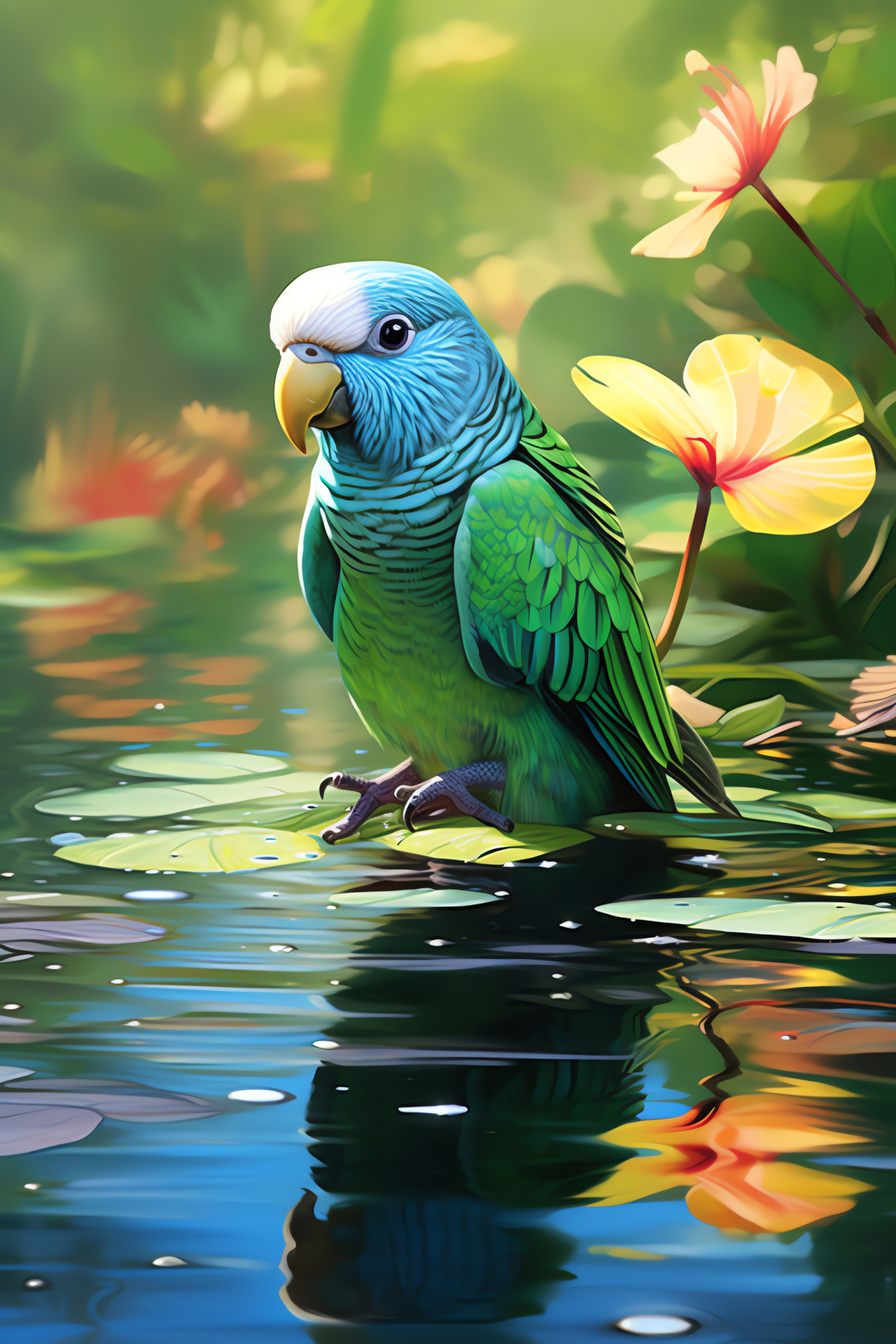 Parakeet, Aqua-colored bird, Emerald avian gaze, Pond fauna, Tranquil aquatic scenery, HD Phone Wallpaper