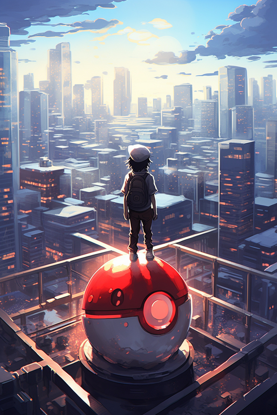 Trainer with Pokeball, Urban rooftop setting, Pokemon franchise, Contemporary cityscape, Strategic battle stage, HD Phone Image