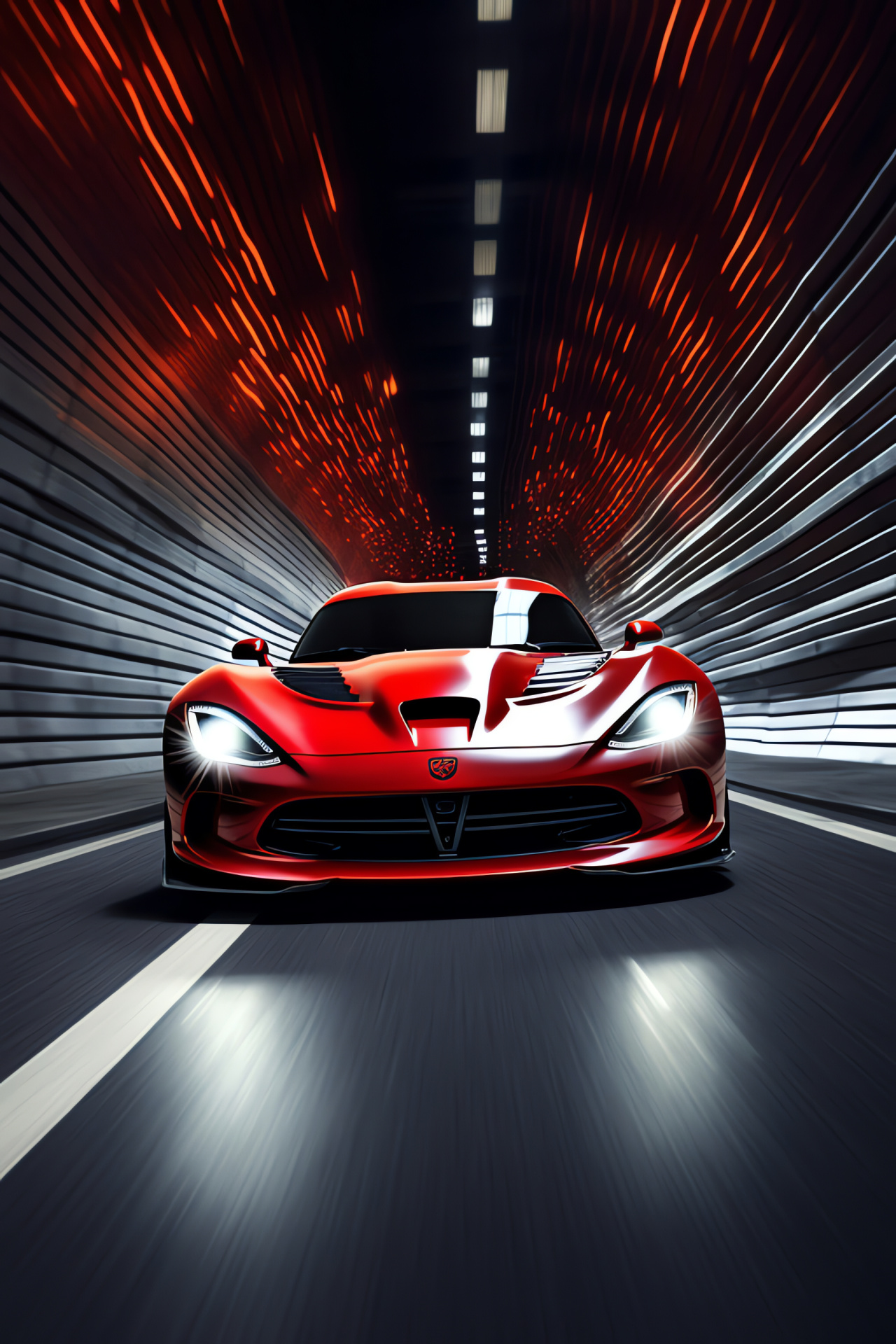 SRT Viper in tunnel, Urban speed showcase, Performance car lighting, Sleek racer reflection, Advanced automotive design, HD Phone Image