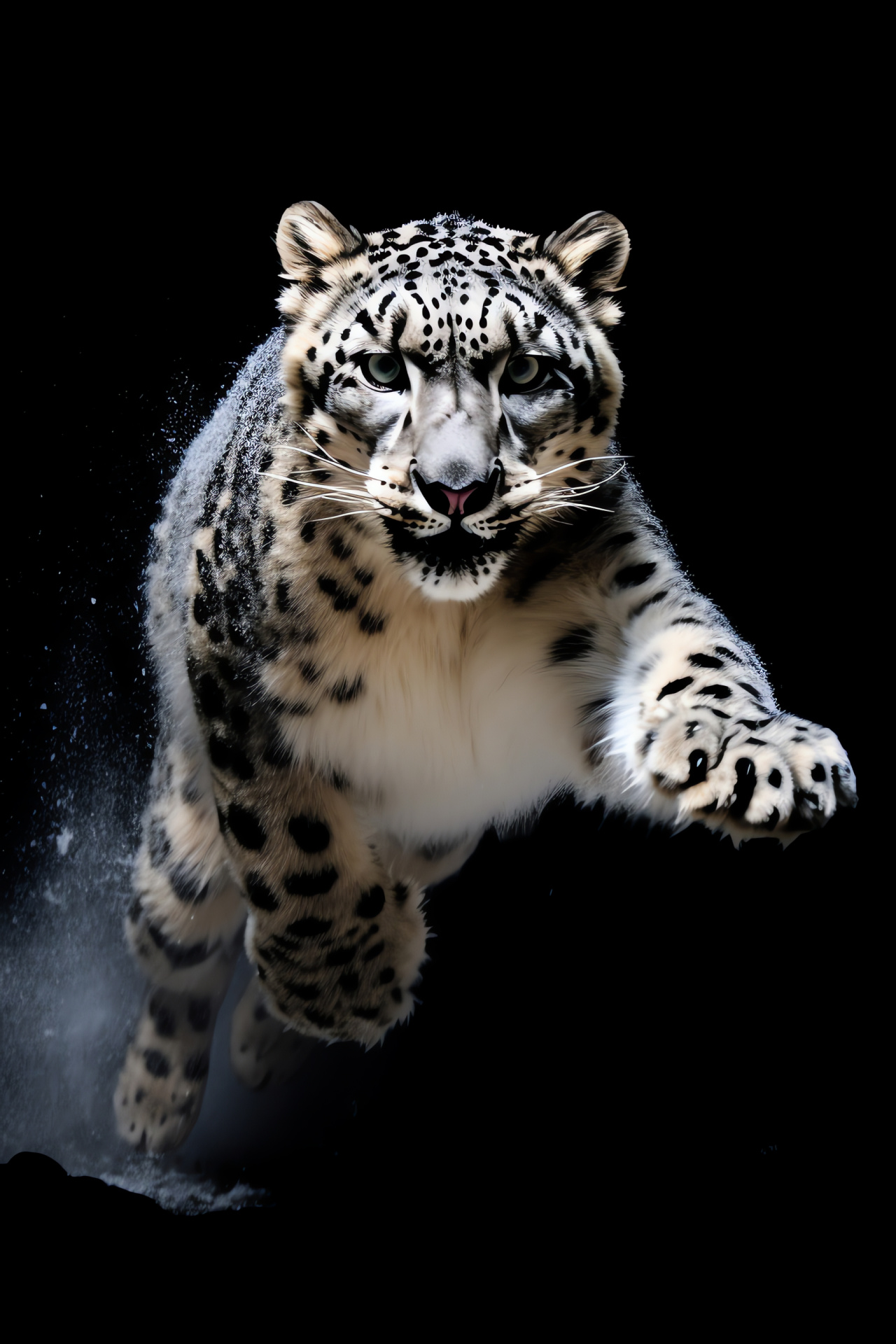 Snow Leopard, Graceful leap, Moonlit fur, Stealth, Black backdrop, HD Phone Wallpaper