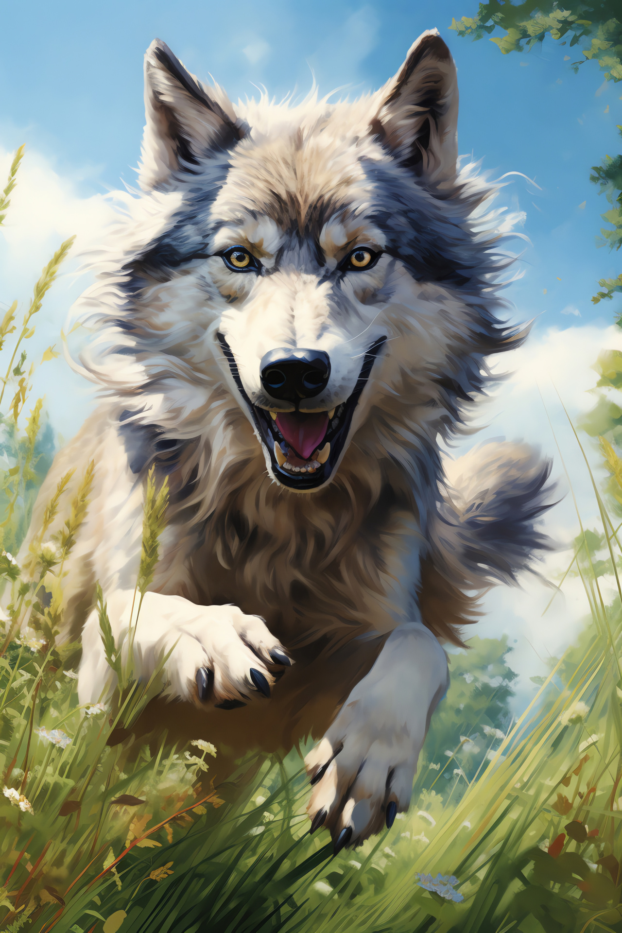 Timber wolf, Cerulean glance, Metallic fur texture, Verdant field habitat, Suspended action capture, HD Phone Wallpaper