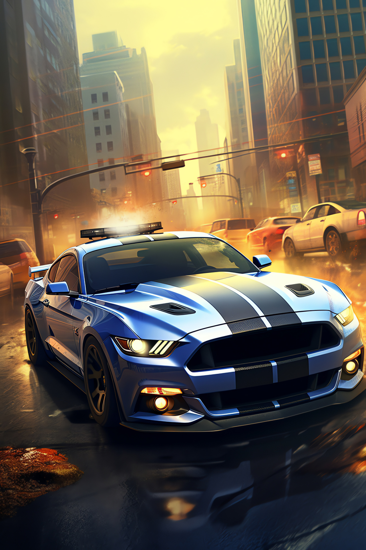 NFS Most Wanted rush, Ford Mustang GT, Authorities pursuit, Congested pathways, Metropolitan skyline, HD Phone Wallpaper