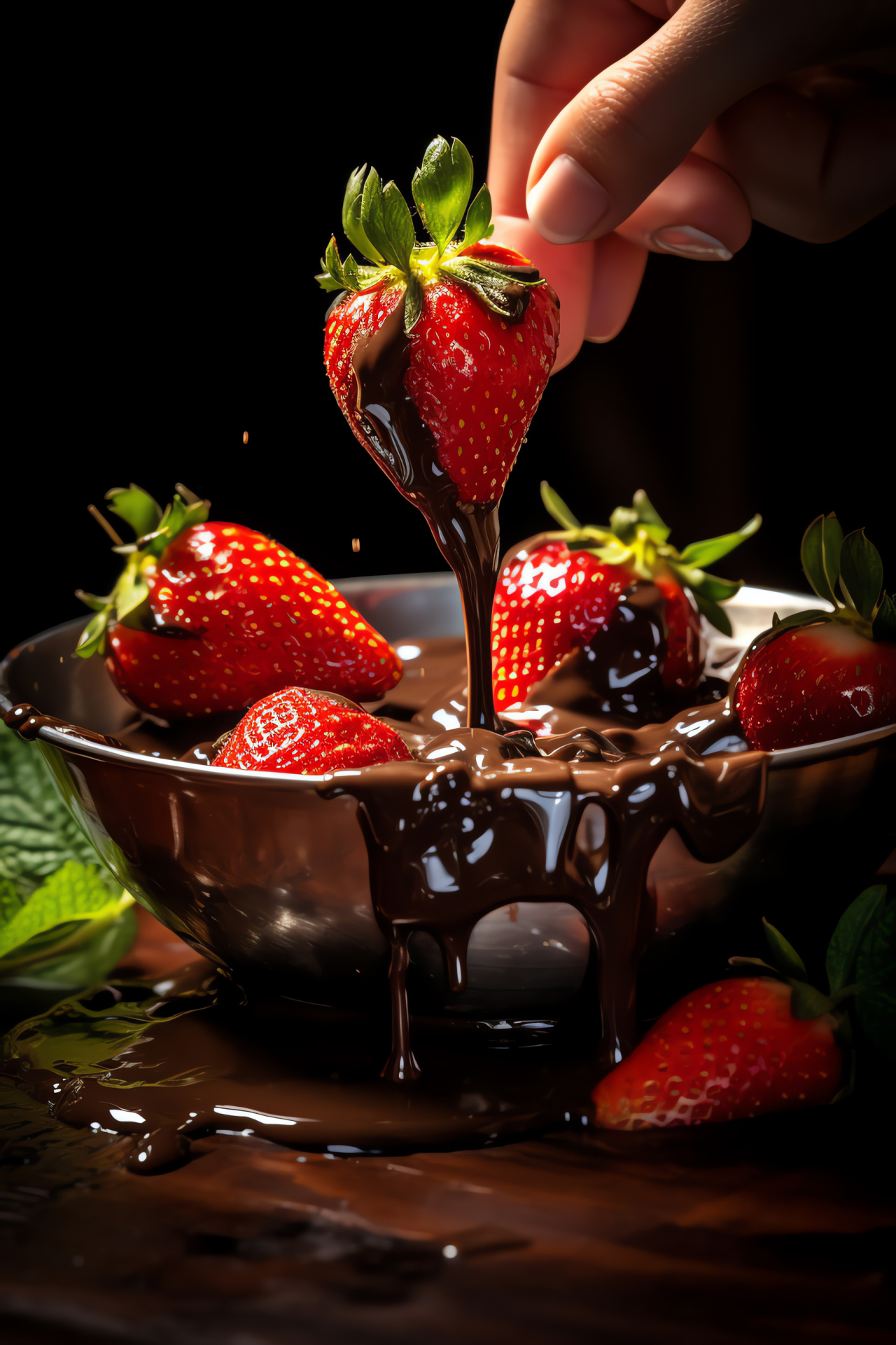 Chocolate covered strawberries, Dark chocolate elegance, Melted cocoa, Dessert finishing, Decadent treats, HD Phone Image