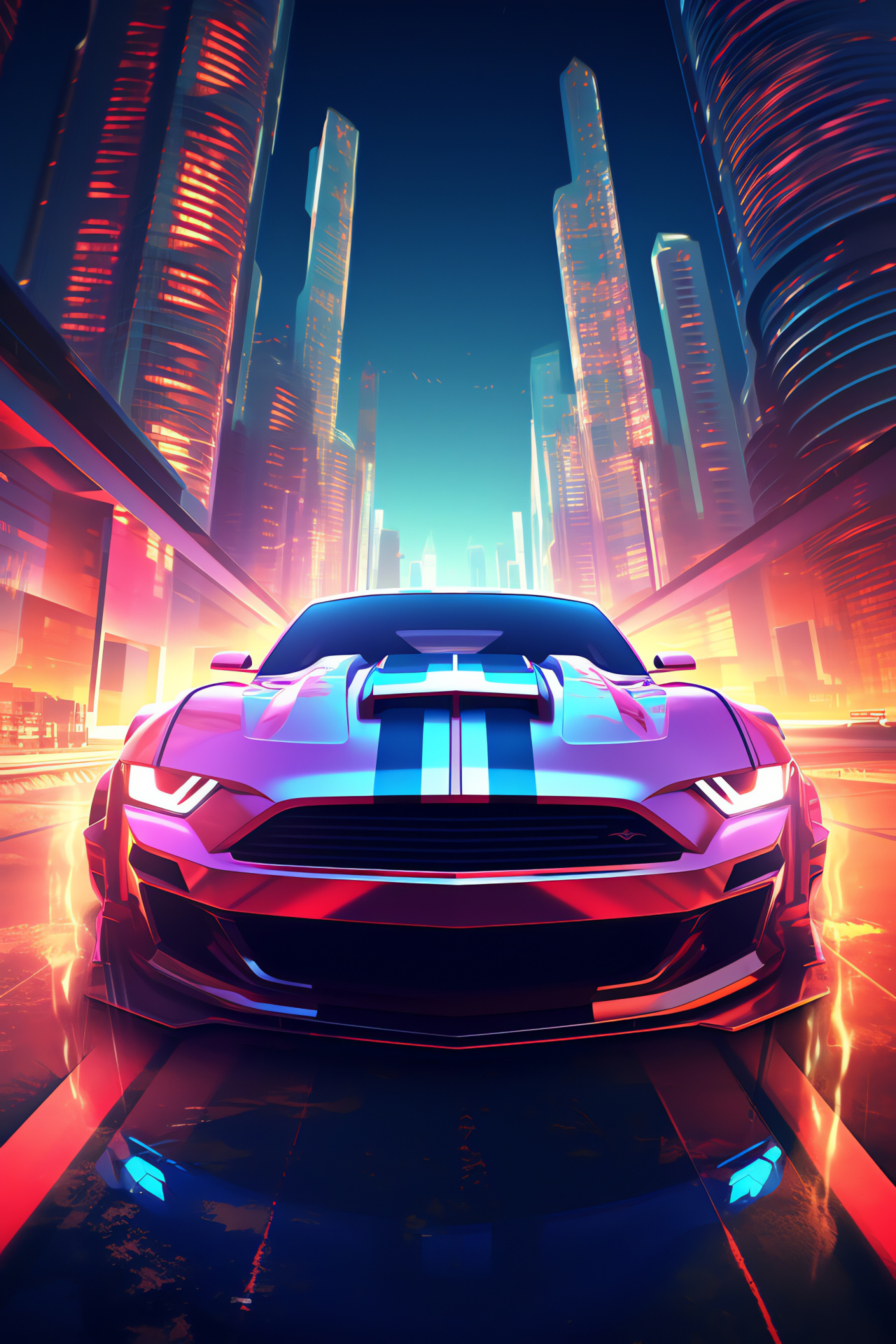 Muscle car outline, Futuristic city dreams, Neon glows, Vehicle elevation, Artistic city reinterpretation, HD Phone Image