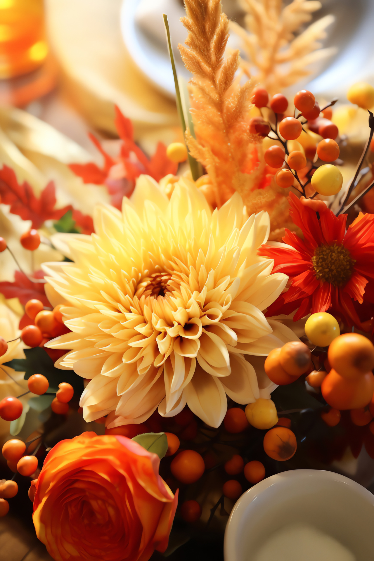 Autumnal Thanksgiving decor, Festive center floral arrangement, Lively botanical hues, Festive meal emphasis, Harvest color scheme, HD Phone Wallpaper