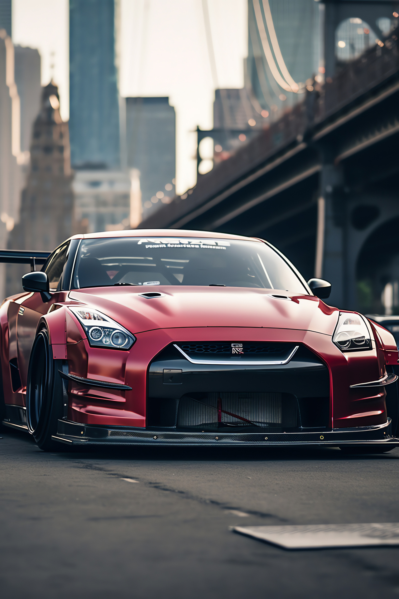 Nissan GTR R35, Liberty Walk refinement, NYC skyline, Muscular fender artistry, Bold street presence, HD Phone Wallpaper