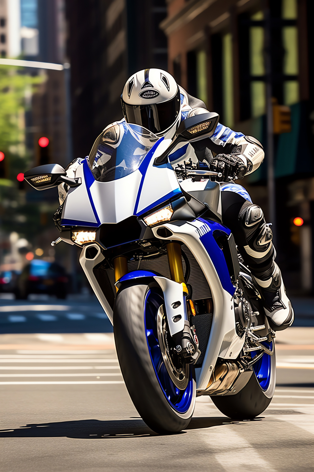 Street Bike, Yamaha YZF-R1, NYC pace, Azure-white emblem, Aerodynamic shape, HD Phone Wallpaper