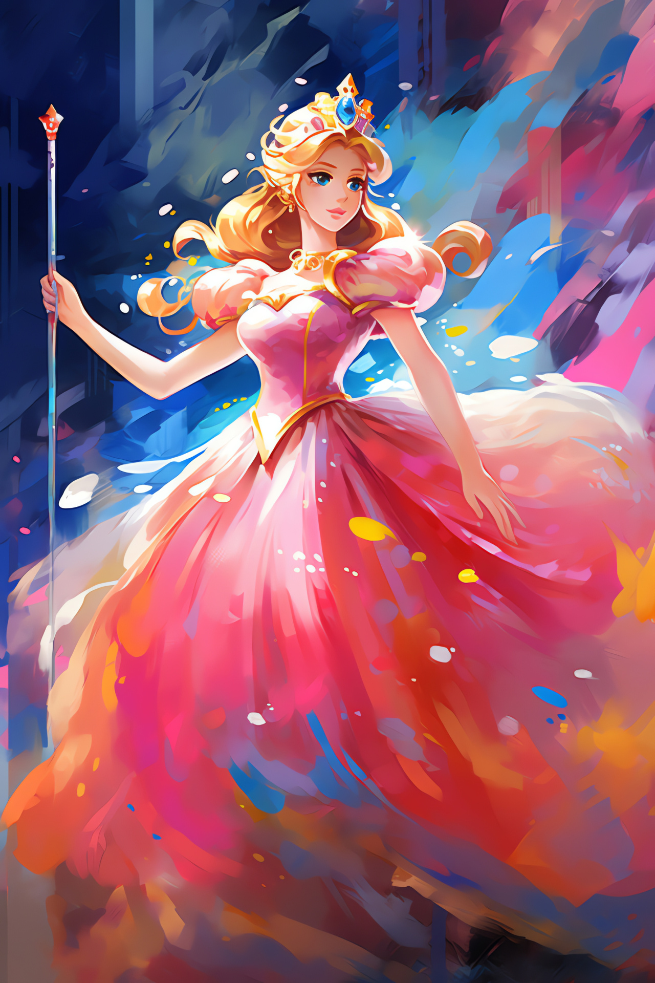 Princess Peach portrayal, animated color array, glimmering azure optics, majestic heraldic staff, radiant diadem, HD Phone Image