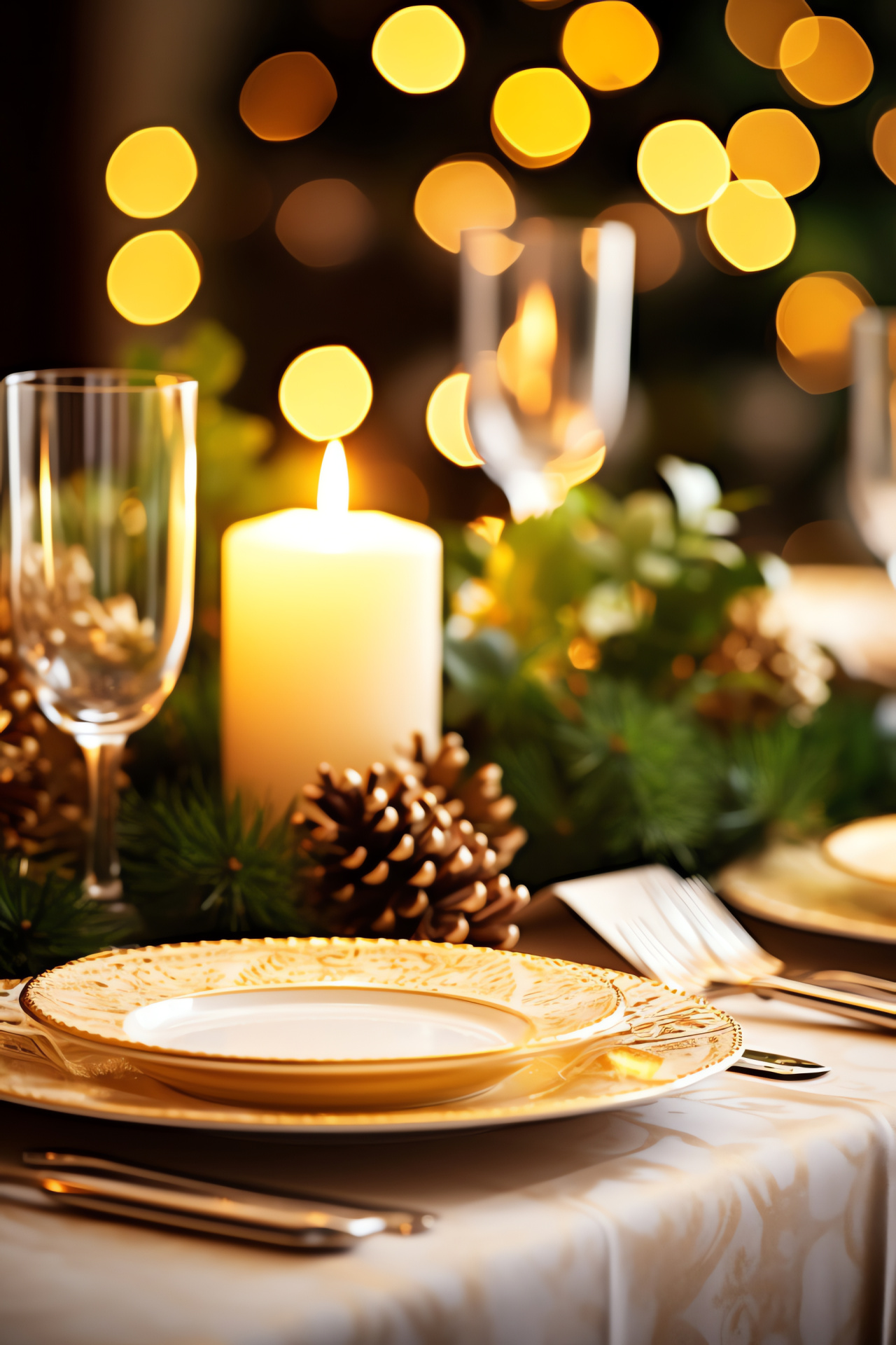 Winter Solstice, Festive dinner, Seasonal tableware, Elegant setting, White linen elegance, HD Phone Image