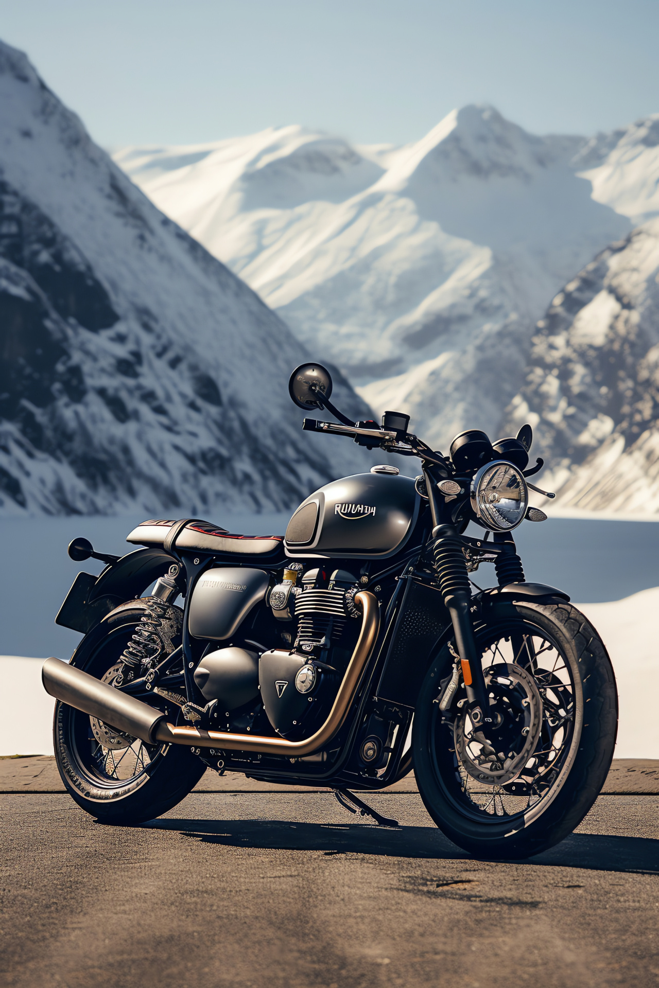 Triumph cafe racer, Bonneville Thruxton R, Swiss Alps tourer, intricate road handling, majestic mountain backdrop, HD Phone Wallpaper