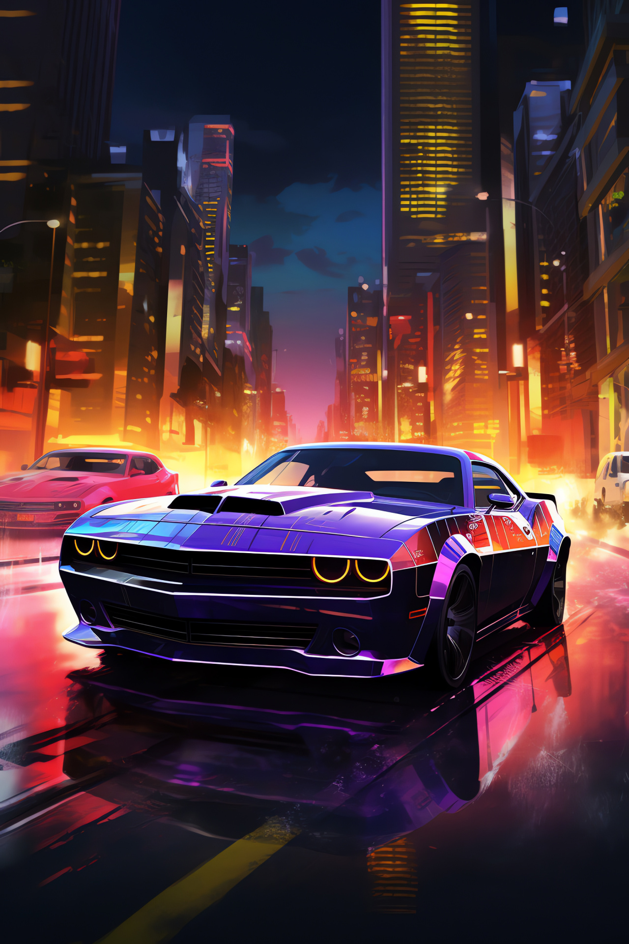 Muscle Cars HD, City towers, Urban thoroughfares, Neon illumination, Metropolitan vibe, HD Phone Image