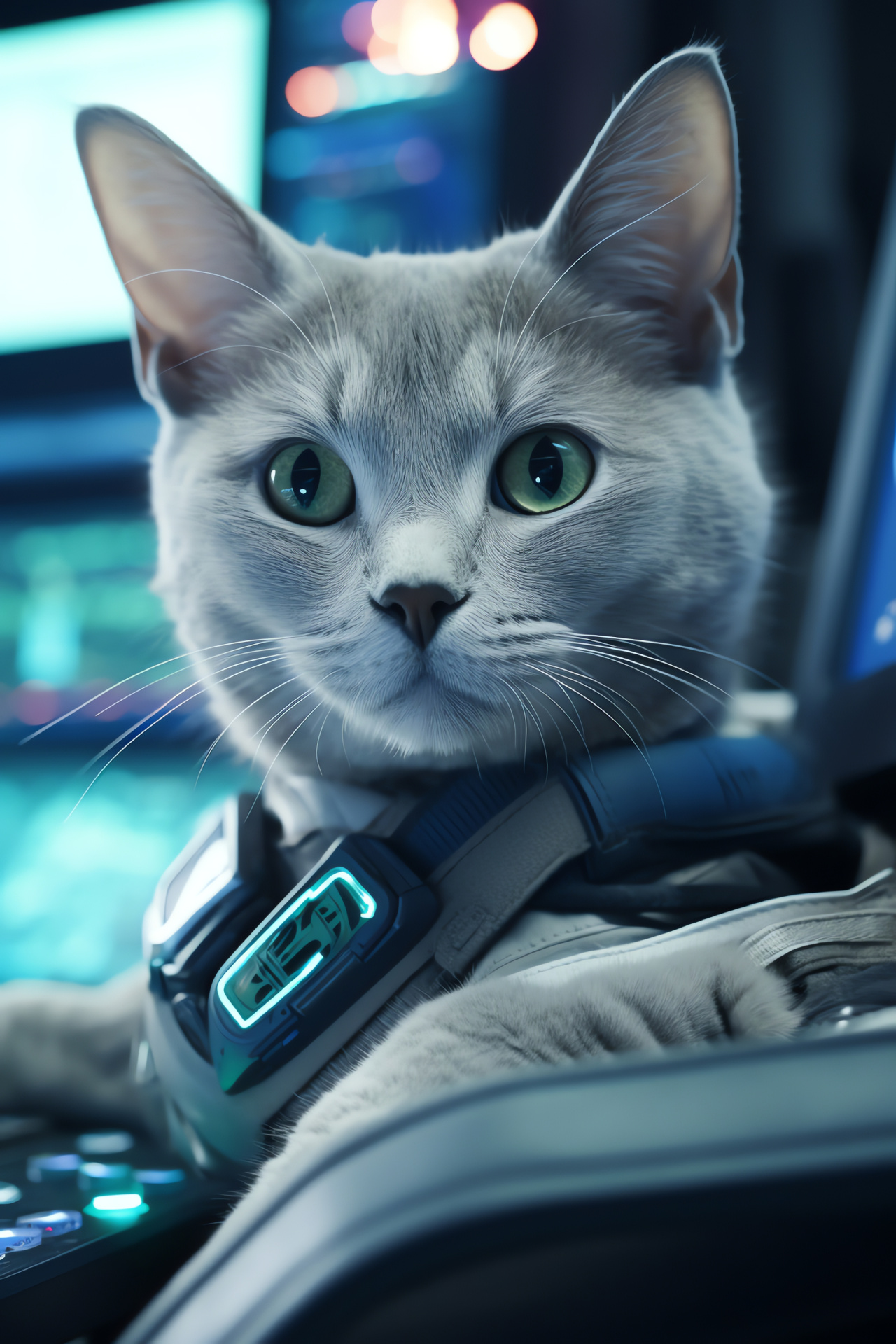 Russian Blue cat, feline with emerald eyes, bluish-gray short-haired breed, advanced holographic technology, futuristic space habitat, HD Phone Image