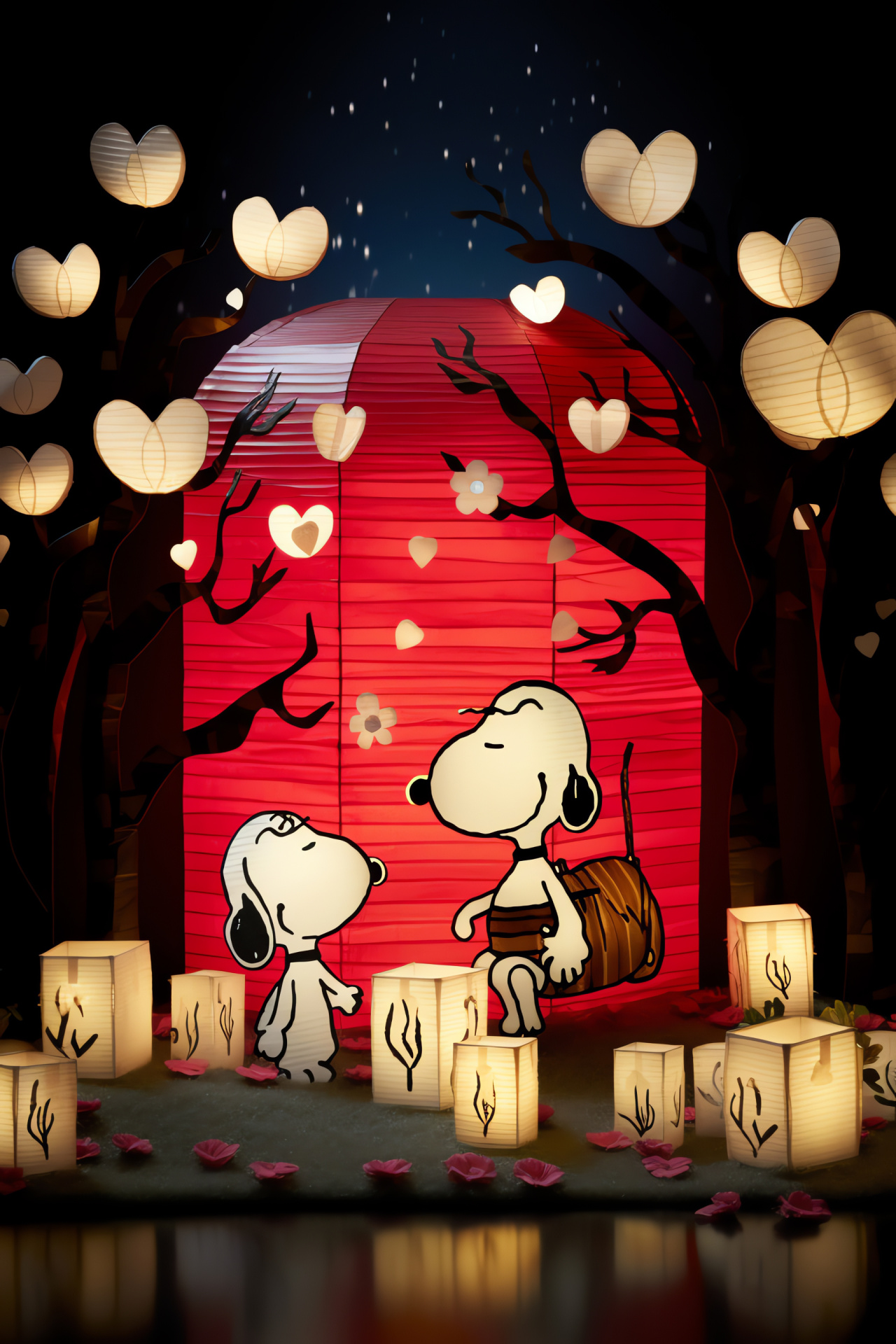 Peanuts comic Valentine, Nighttime love fest, Countryside St Valentine scene, Festive lantern glow, Spring blossoms, HD Phone Image