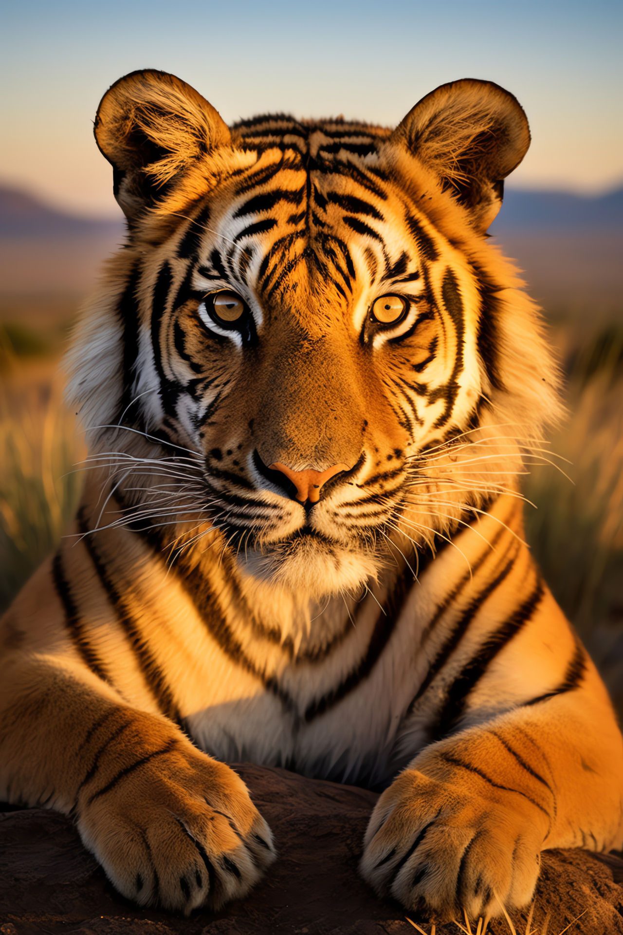 Predatory tiger stance, Savannah landscape, Powerful animal gaze, Wild grasslands, Nature reserve, HD Phone Image