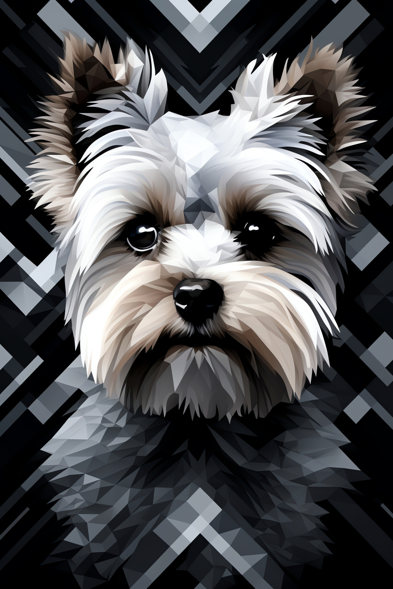 Yorkshire Terrier portrait, Unique backdrop pattern, Silver fur highlight, Medium fluffy coat, Blue-eyed canine, HD Phone Image