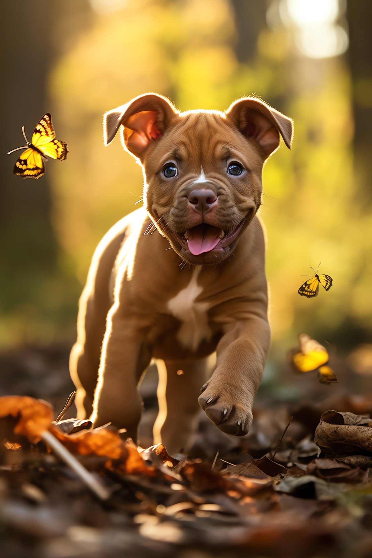 Pitbull Terrier puppy, Playful canine, Golden coat, Puppy dog eyes, Springtime meadow, HD Phone Image