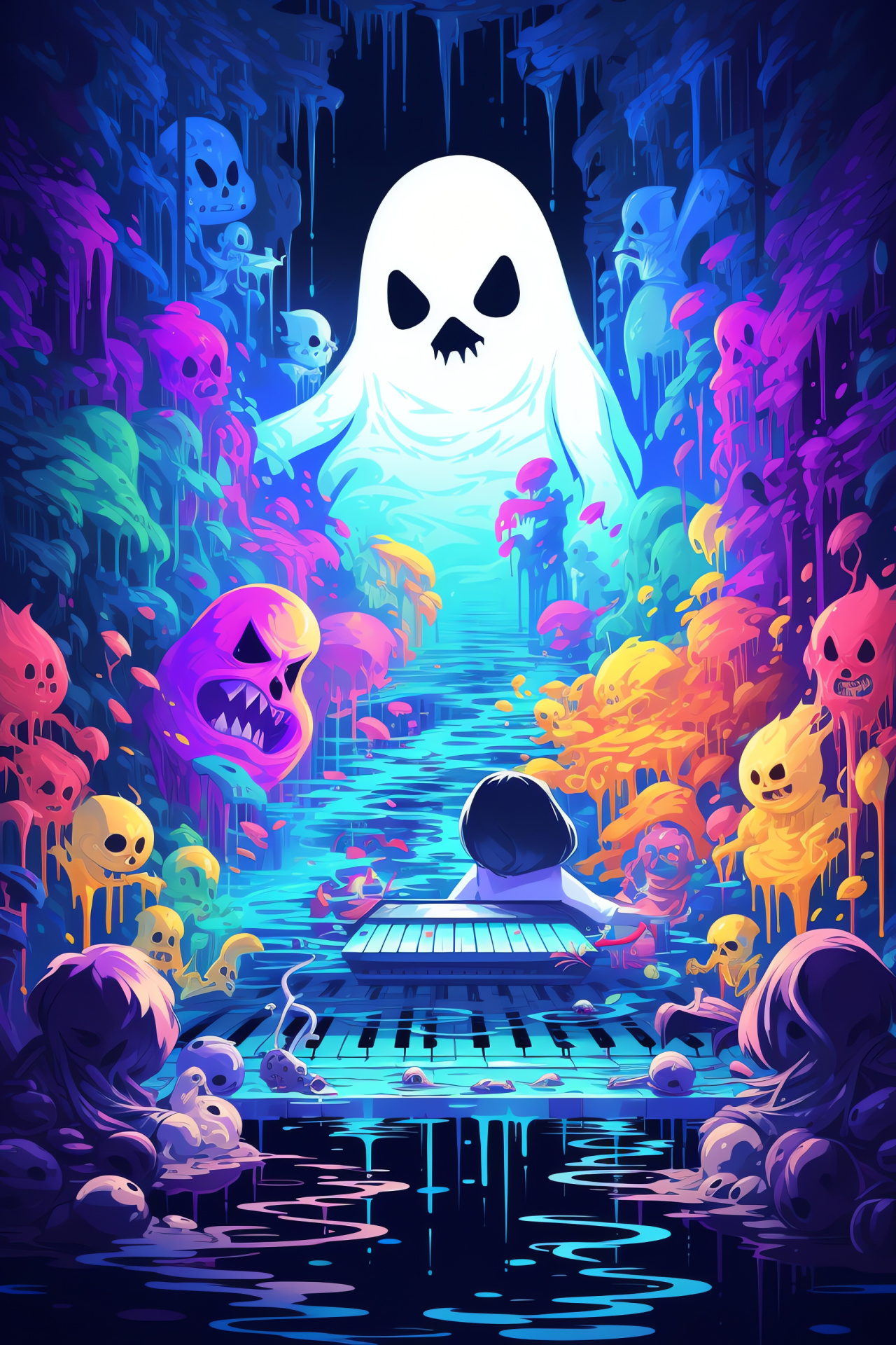 Undertale gameplay, Ghostly figure Napstablook, Dynamic battle scene, Indie RPG, Action sequence, HD Phone Image