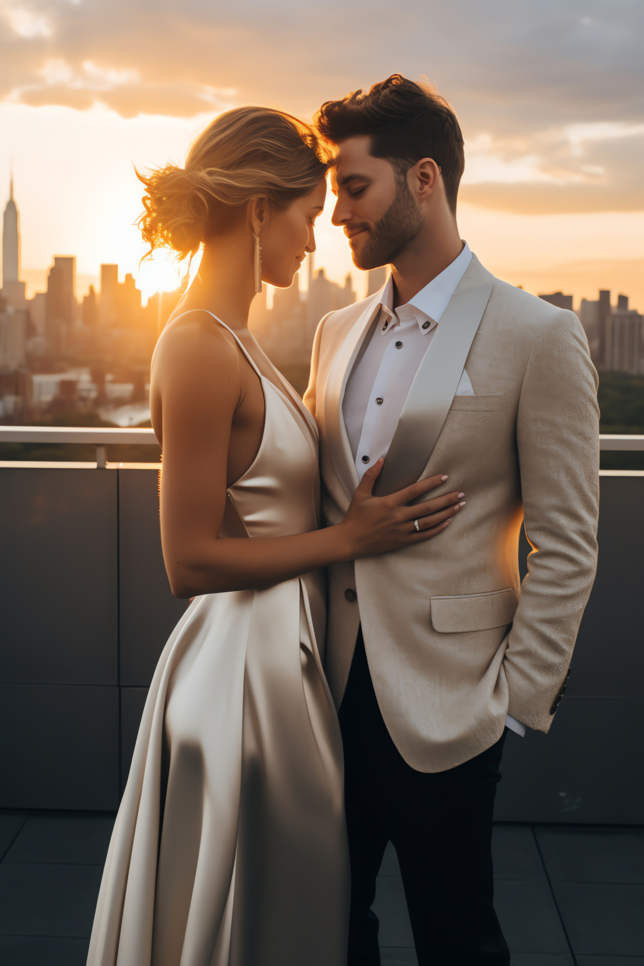 Nuptial celebration in urban rooftop setting, delicate sunset light, matrimonial joy, metropolitan skyline, HD Phone Image