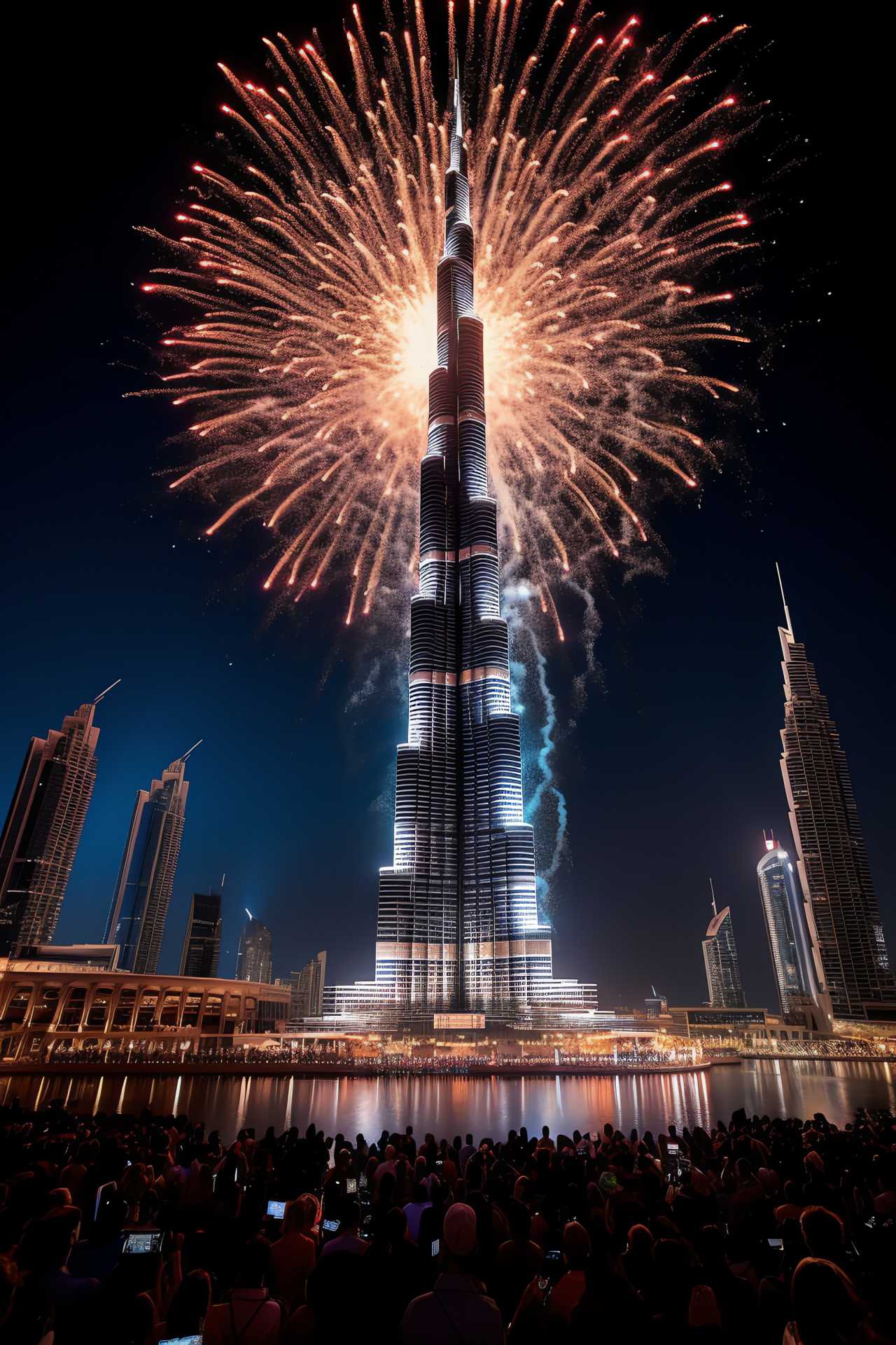 Dubai New Year spectacle, Burj Khalifa light fest, opulent Downtown gala, fountain show grandeur, HD Phone Image