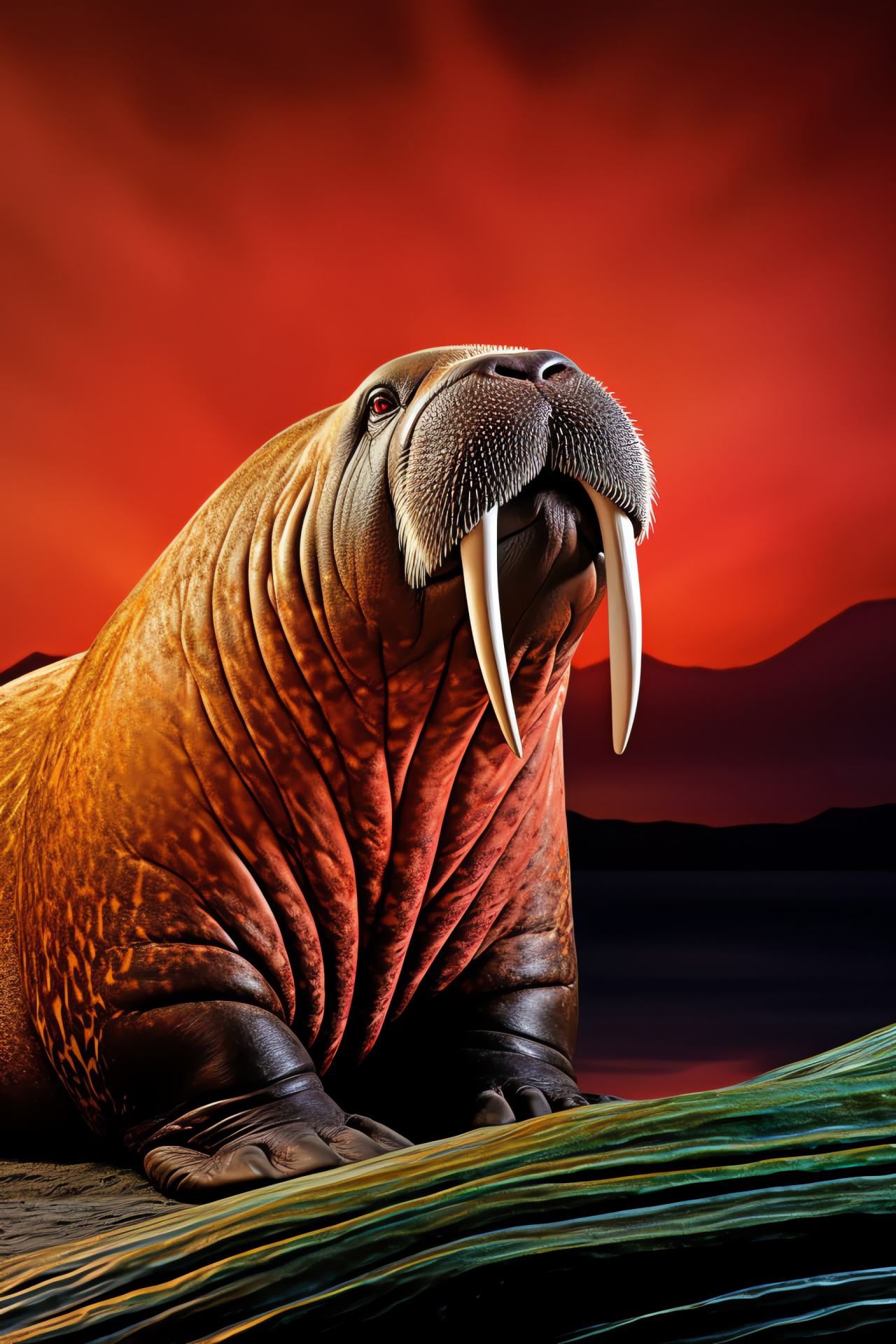 Pinniped mammal, Aquatic mammal fur, Tusked marine animal, Dark-eyed walrus, Background tri-colors, HD Phone Wallpaper