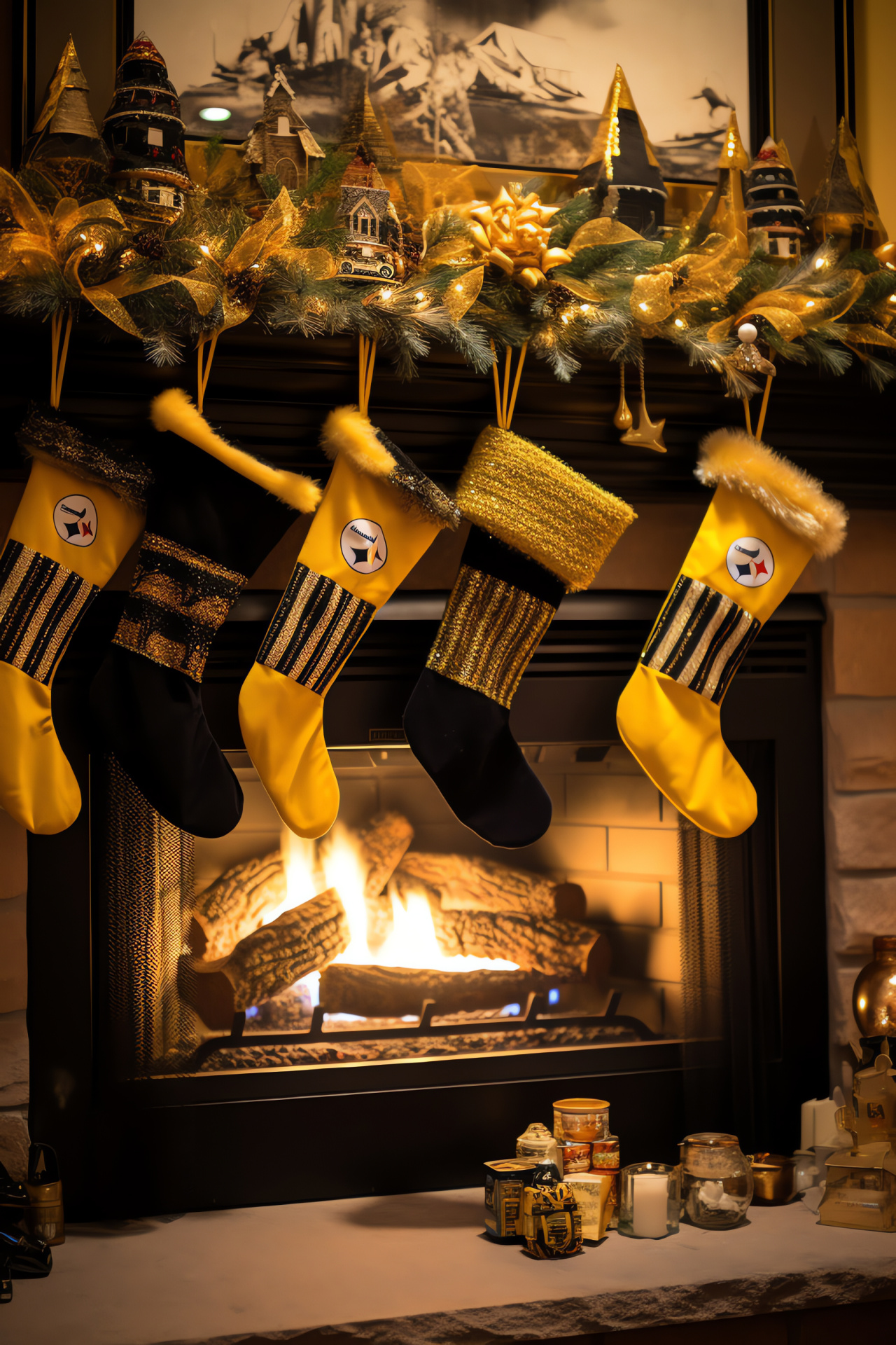 Pittsburgh Steelers festive decor, Holiday-themed hearth, Traditionally decorated mantlepiece, Sports team celebration, Seasonal ambiance, HD Phone Wallpaper