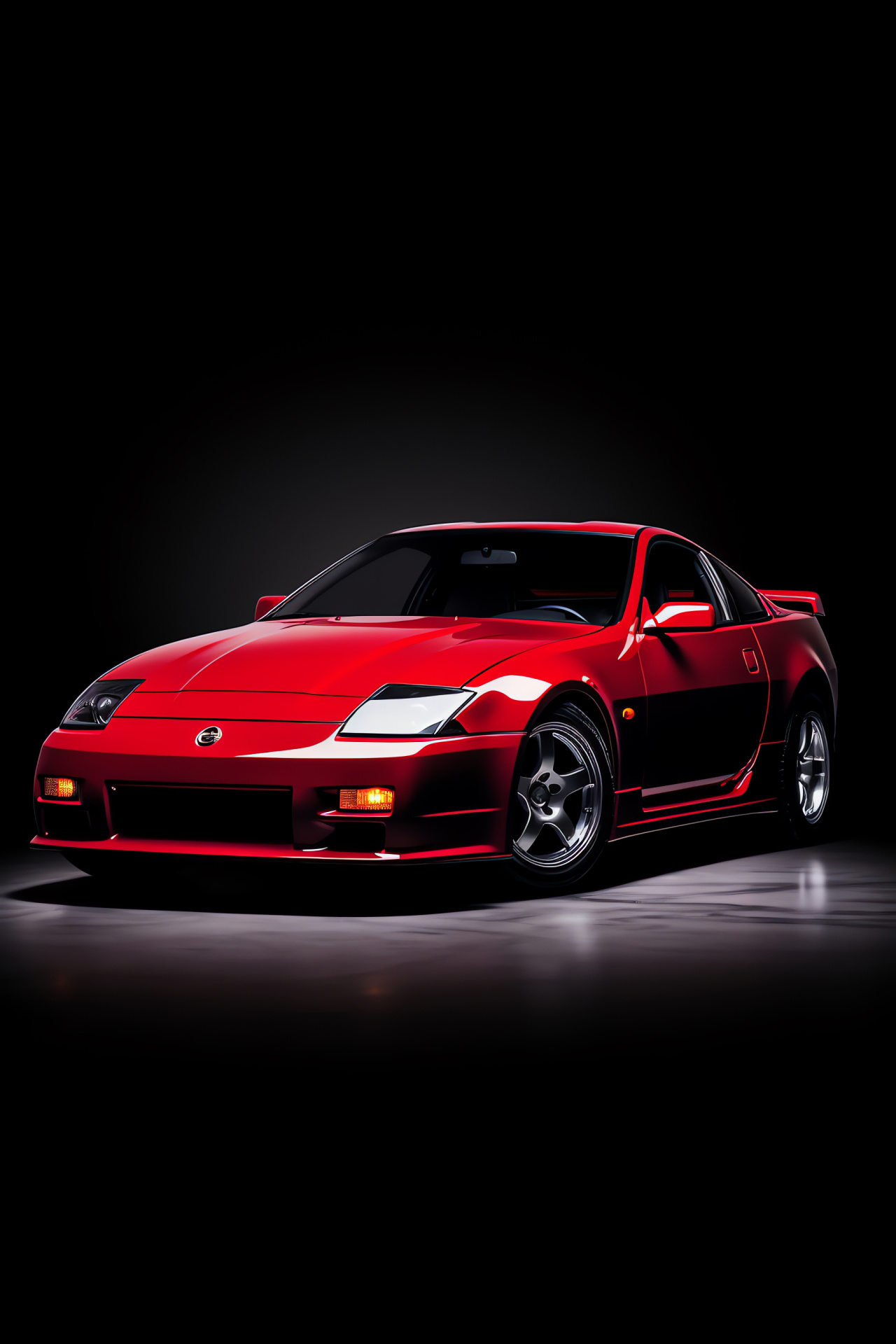 Red backdrop Nissan 300ZX, Sleek black color, Wide-view sports car, Pure striking contrast, Elegant vehicle stance, HD Phone Image