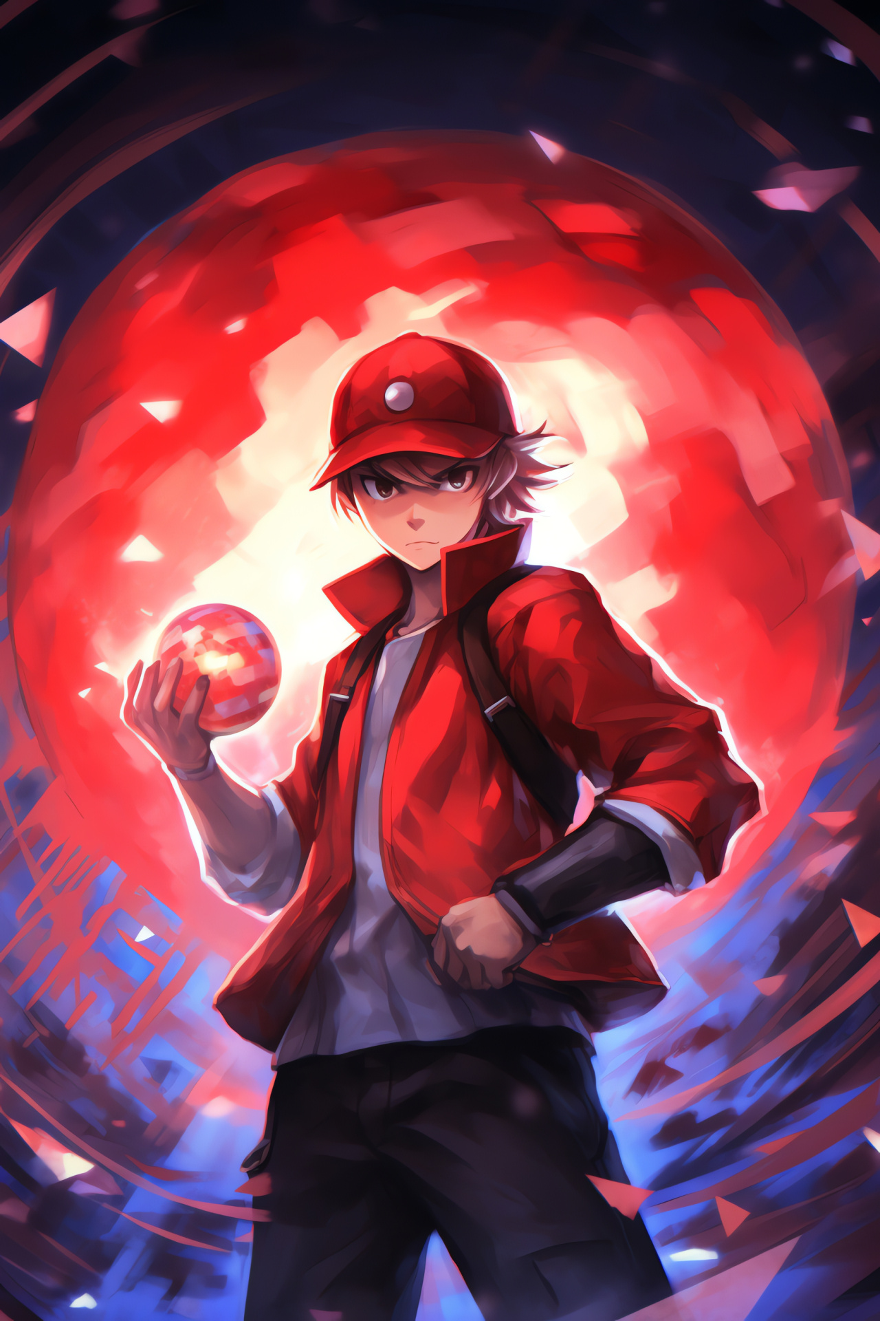 Pokemon Trainer Red, Crimson backdrop, Focused demeanor, Scarlet tufts, Trainer attire, HD Phone Image