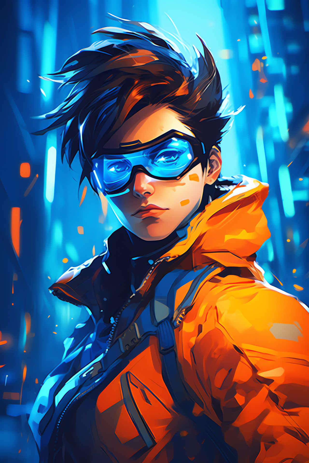 Overwatch theme, Tracer character, King's Row map, Neon gaming attire, Sci-fi game environment, HD Phone Image