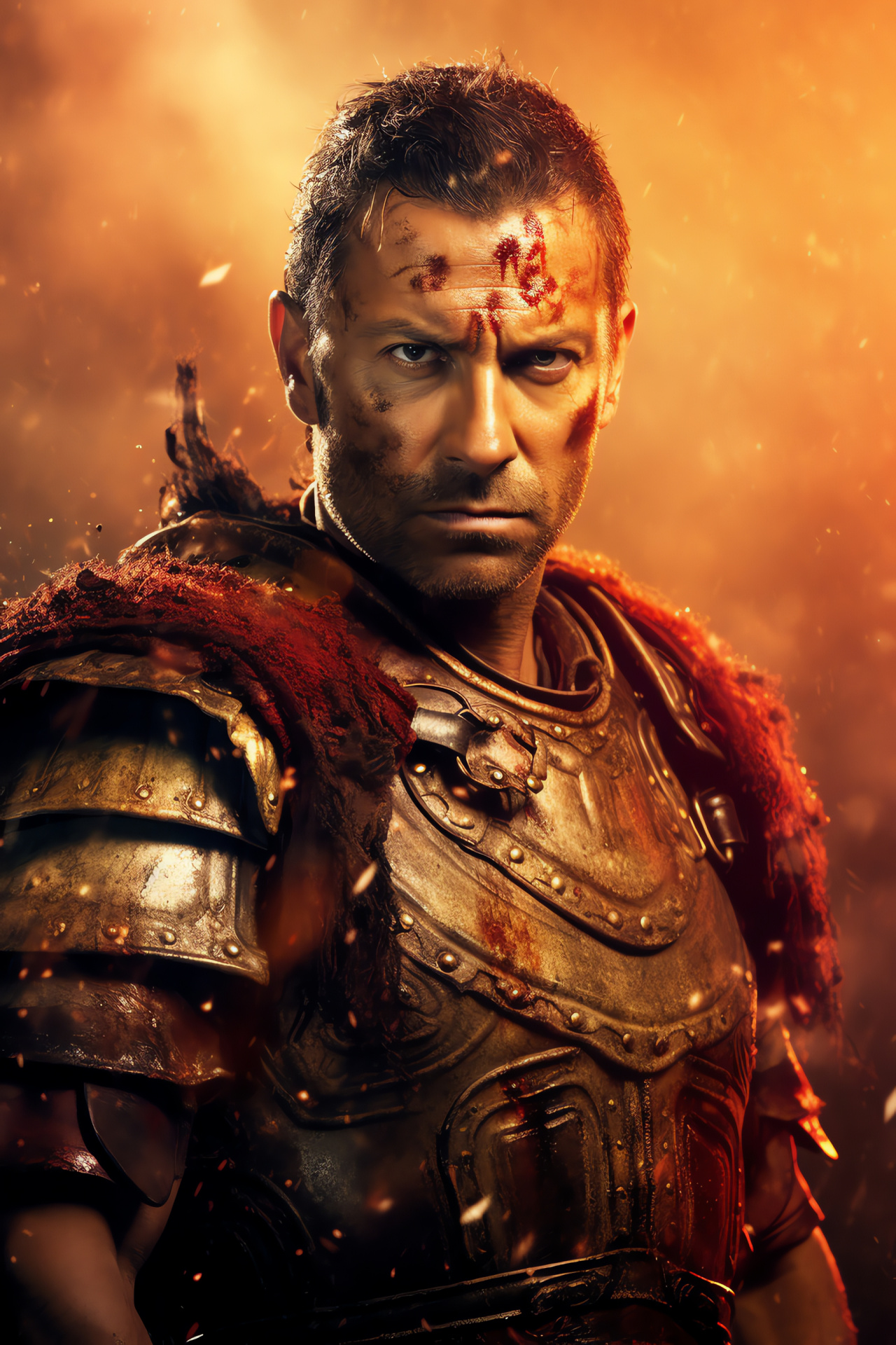 Craig Parker as Glaber, Dramatic visage, Character portrayal, Vibrant visual spectrum, Roman commander armor, HD Phone Image