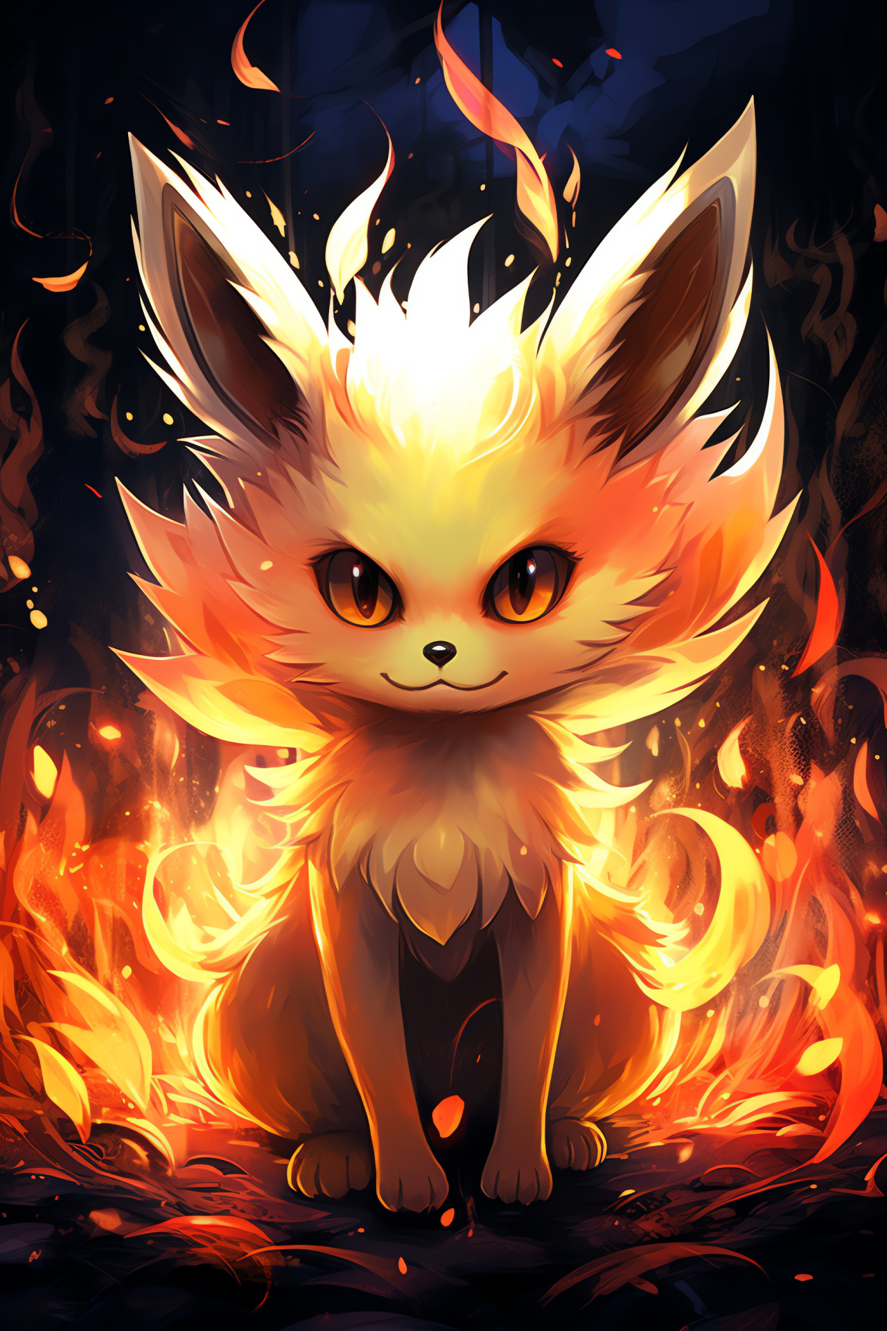 Fennekin stance, Fiery pelt texture, Vigilant posture, Artistic fiery backdrop, Pokemon demeanor, HD Phone Wallpaper