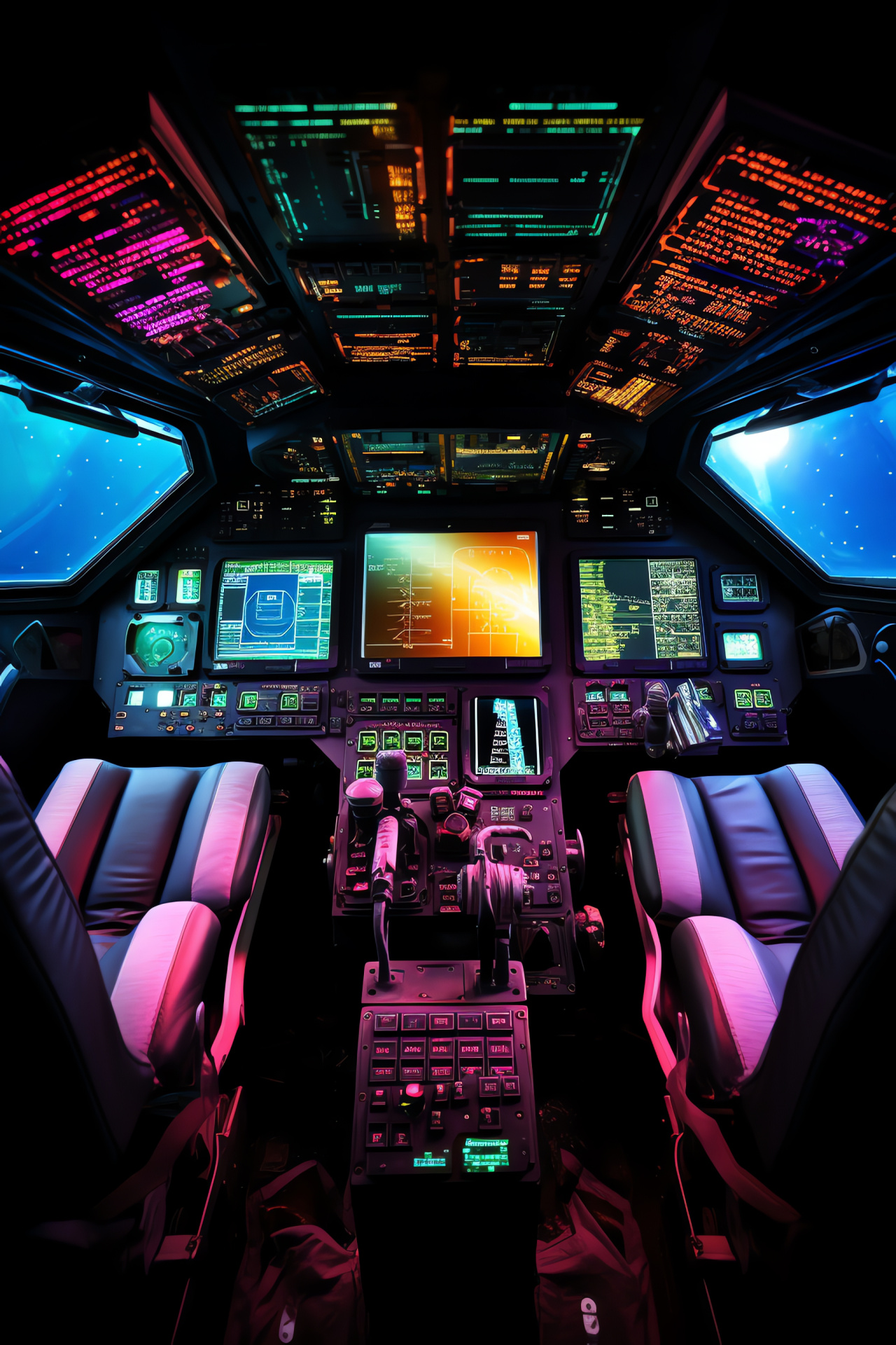 Flight deck, Astronaut workspace, Dashboard design, Neon equipment brilliance, Extraterrestrial atmosphere, HD Phone Image