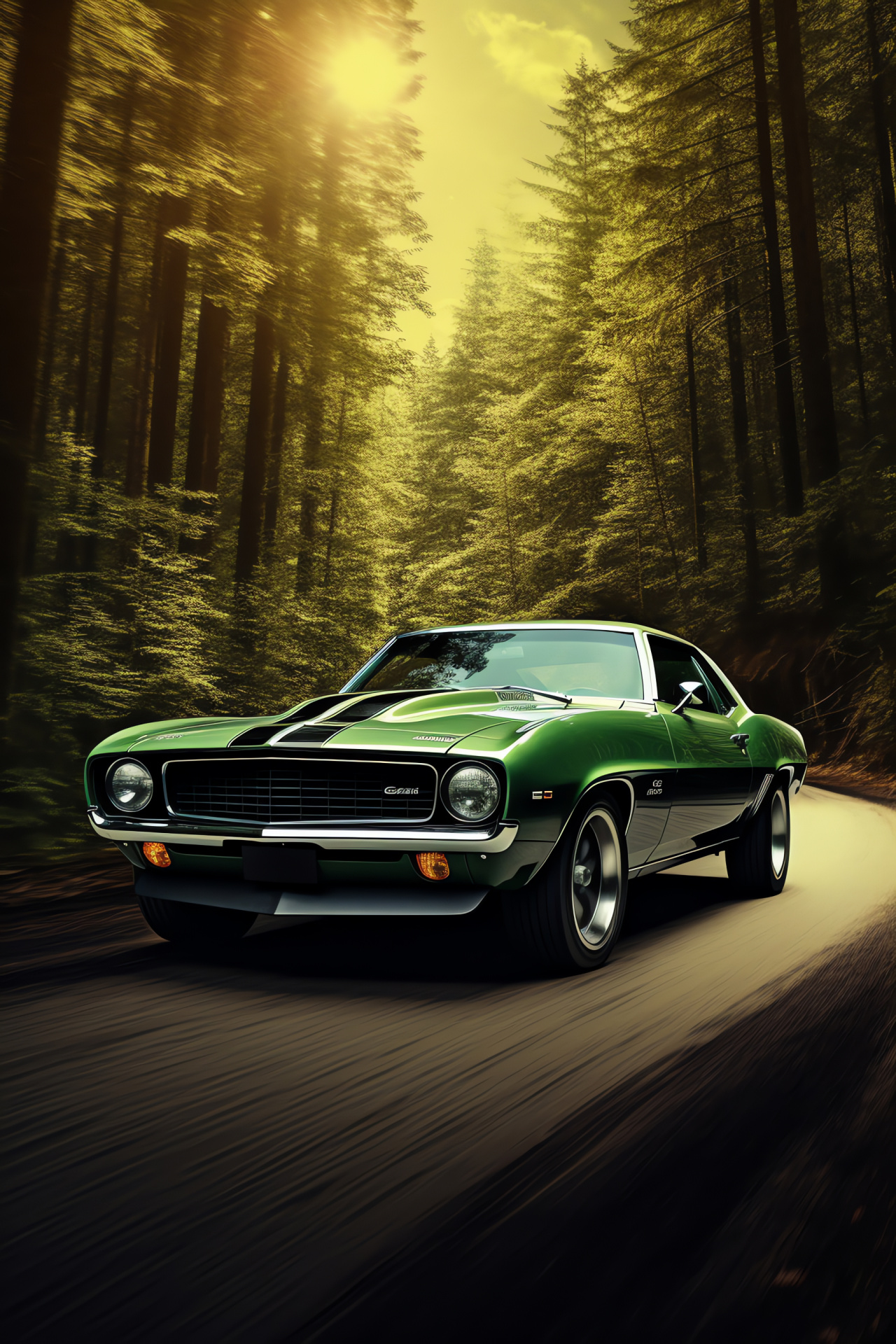 Muscle car in nature, Lush landscape backdrop, Green painted steel, Open road freedom, Outdoor adventure, HD Phone Wallpaper