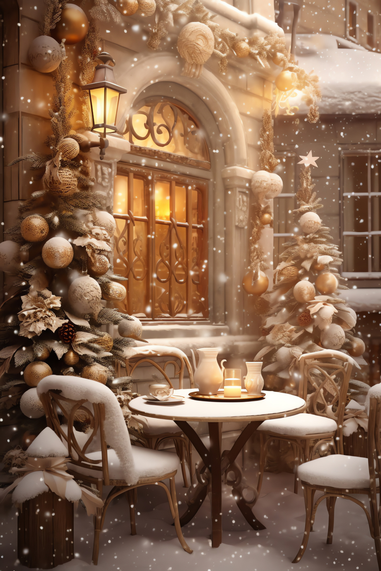 Winter season warm spot, Drinks among friends, Festive cafe illumination, Ornamental eatery, Christmas socilization, HD Phone Image