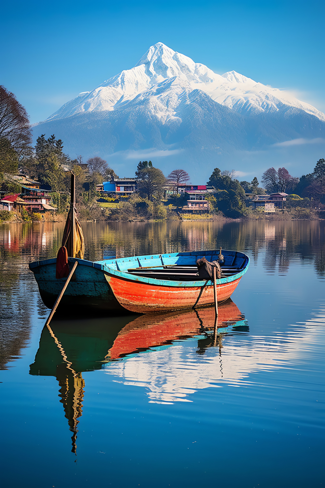 Tourist destination Pokhara, waterside Phewa, Annapurna horizon, nautical craft hues, vegetative forest expanse, HD Phone Wallpaper