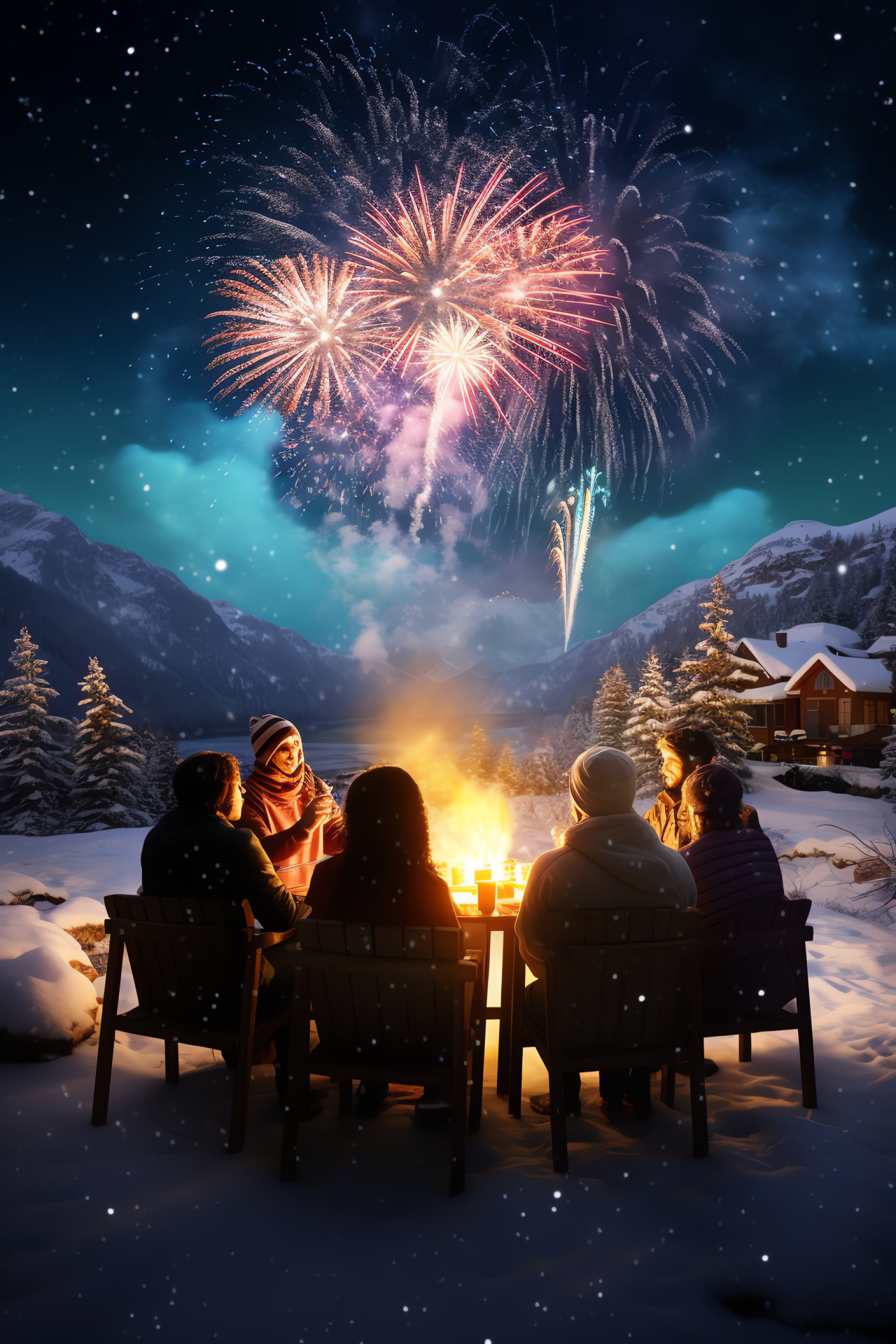 Microsoft OS celebration, holiday season, gleaming snowscape, warming flames, toasting treats, HD Phone Wallpaper