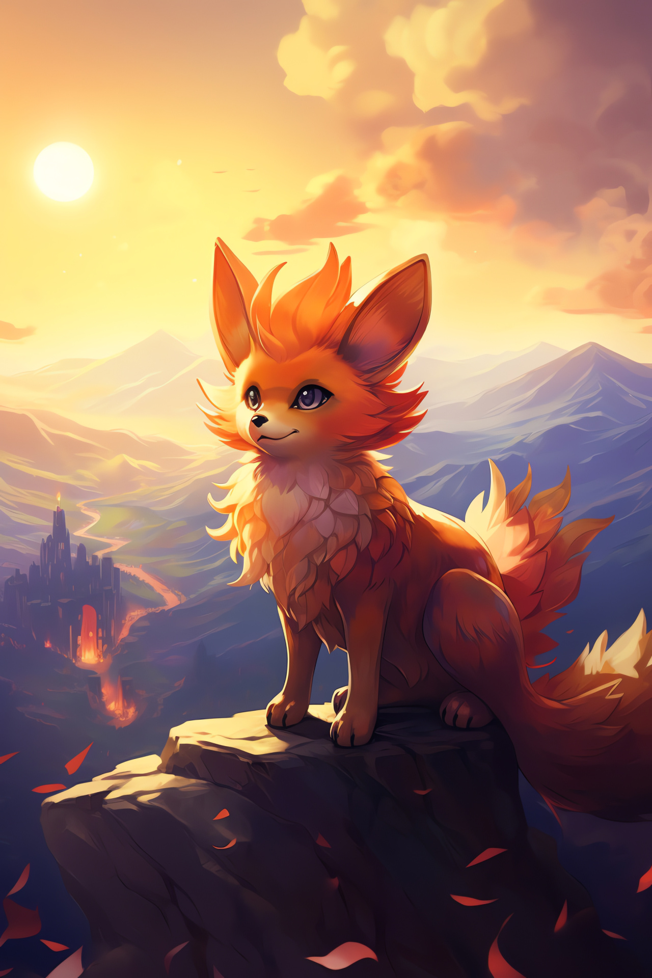 Fennekin on summit, twilight incandescence, ethereal combustion, summit setting, dusk ambiance, HD Phone Image