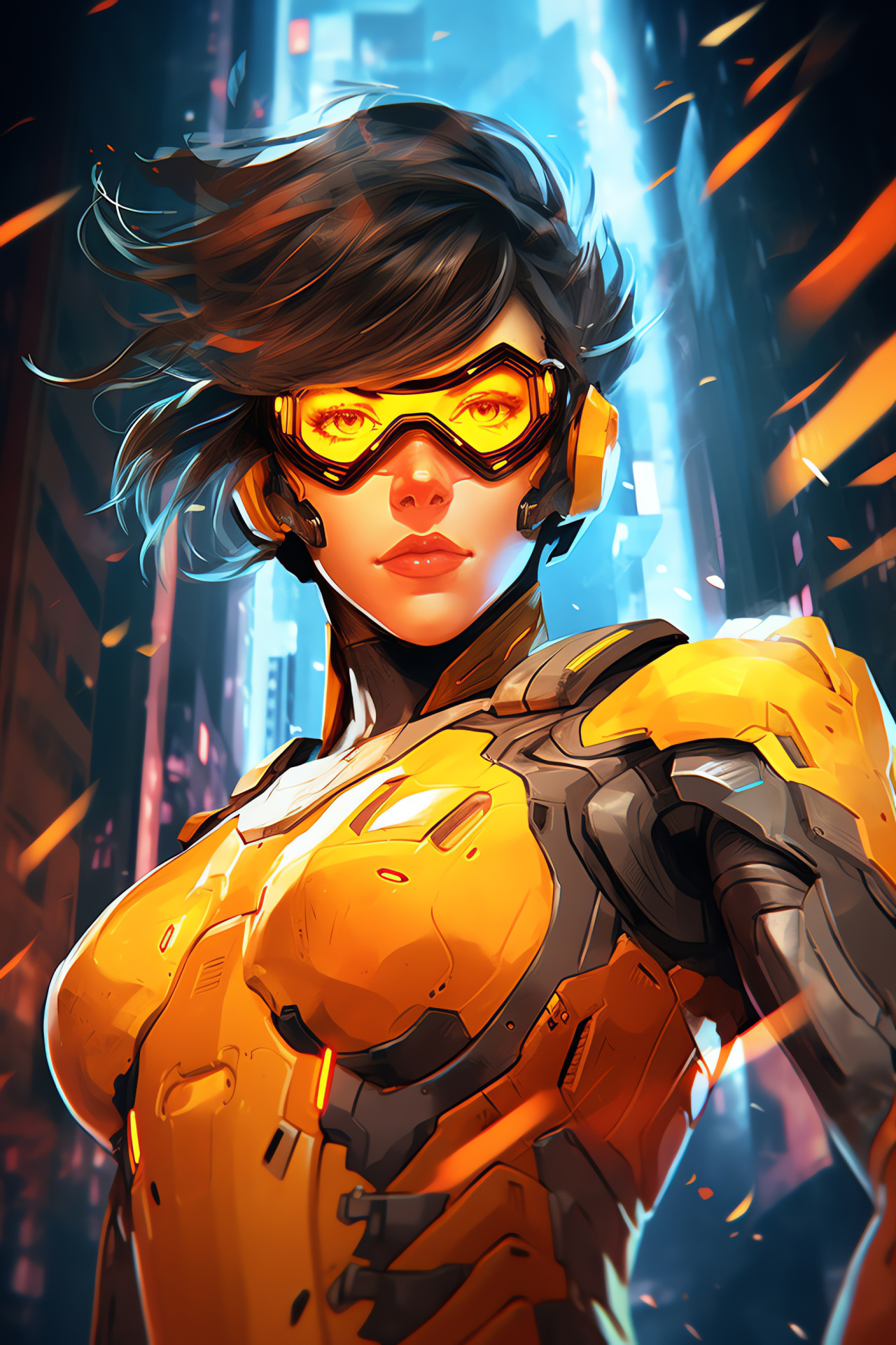 Tracer in Overwatch, Cybernetic world, Mechanical colossus, High-rise architecture, Futuristic battle, HD Phone Image