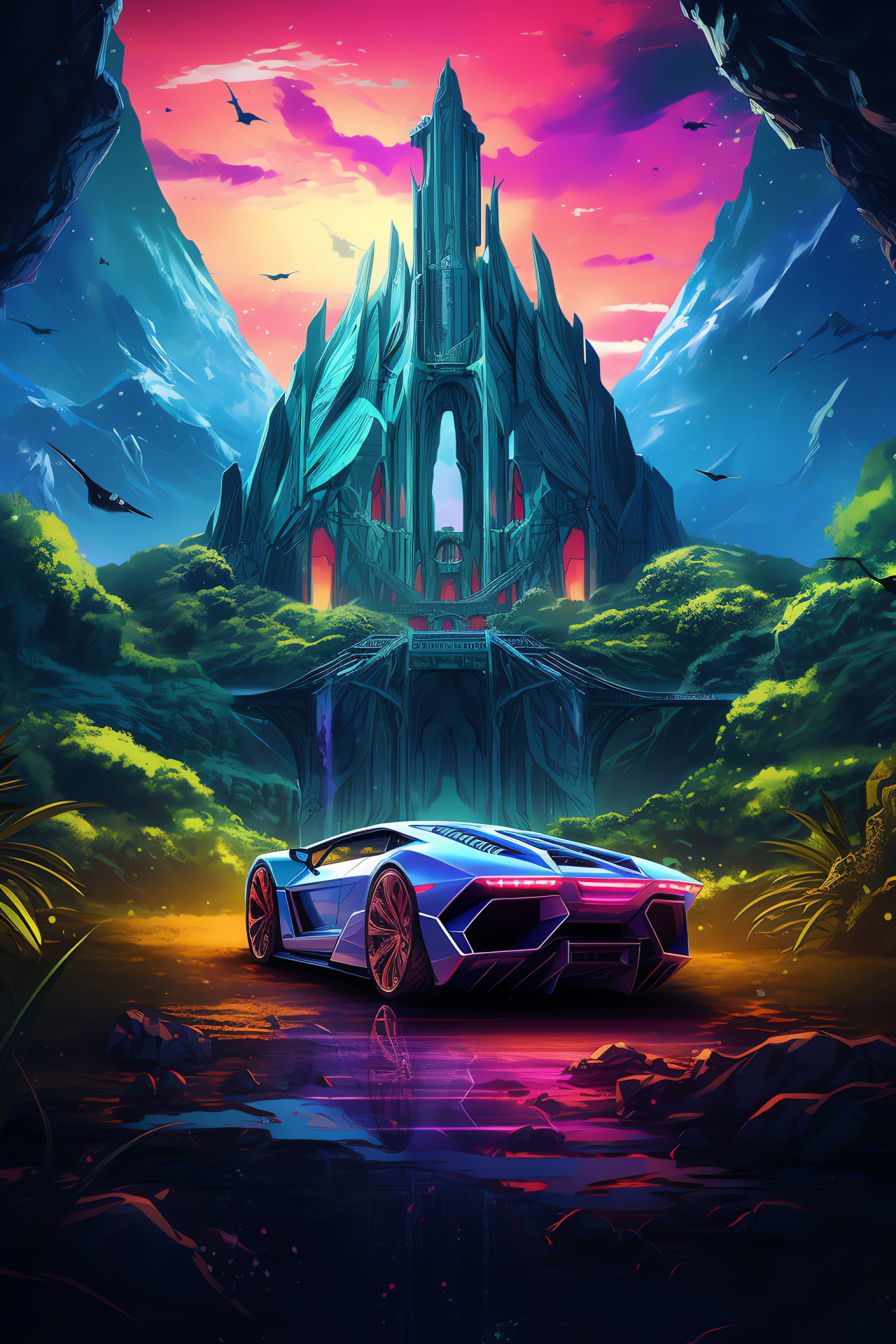 Lamborghini in fantasy realm, Extra-terrestrial terrain, Otherworldly visual drama, Exotic automotive exploration, Lush alien shades, HD Phone Wallpaper