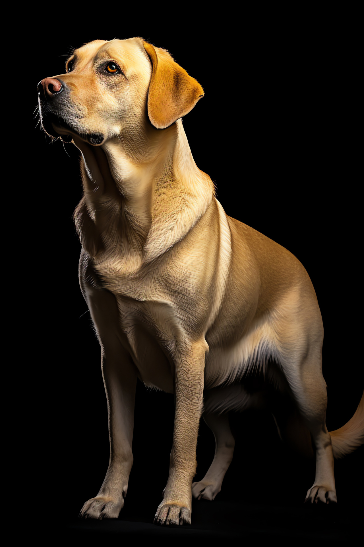 Cheerful Yellow Lab, tail motion, canine profile, luminous coat, contrasted darkness, HD Phone Wallpaper