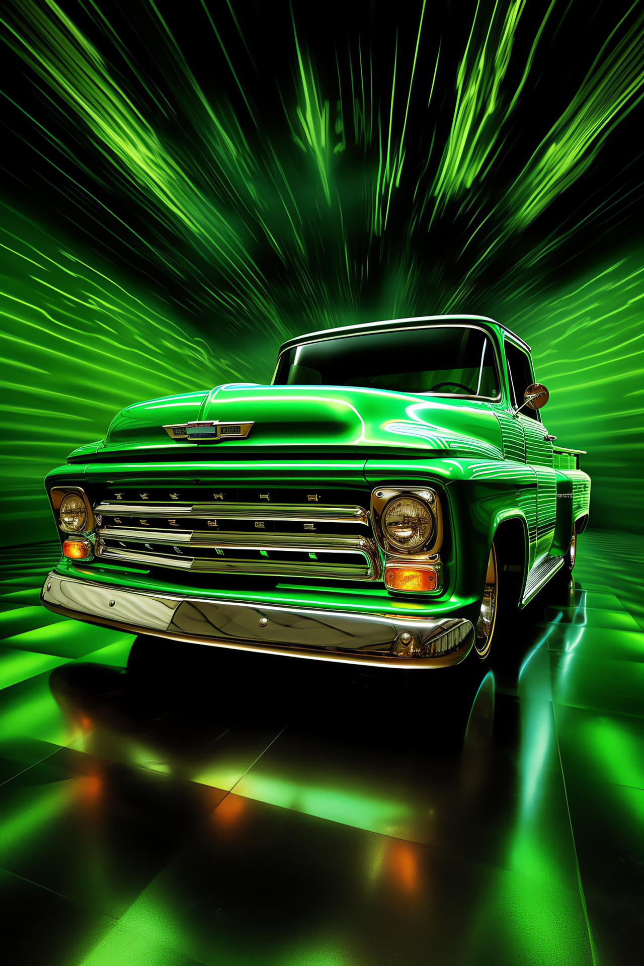 Chevy Truck C10 edition, Green American pickup, Restored vintage vehicle, Broad angle automobile, Classic truck line, HD Phone Image