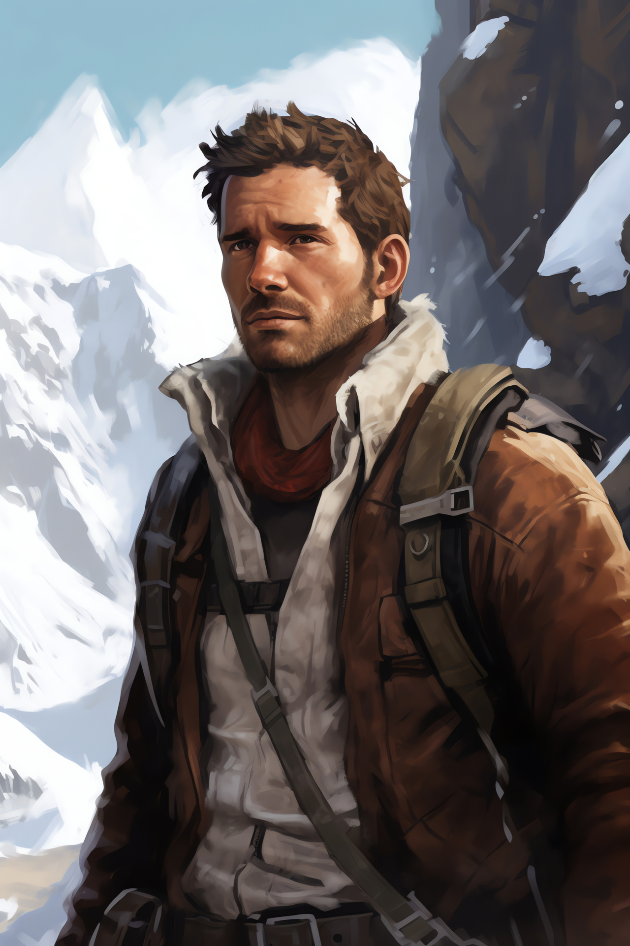 Charismatic Nathan Drake, Uncharted 2s hero, Majestic alpine precipice, Desolate frosty peaks, Globe-trotting escapades, HD Phone Wallpaper