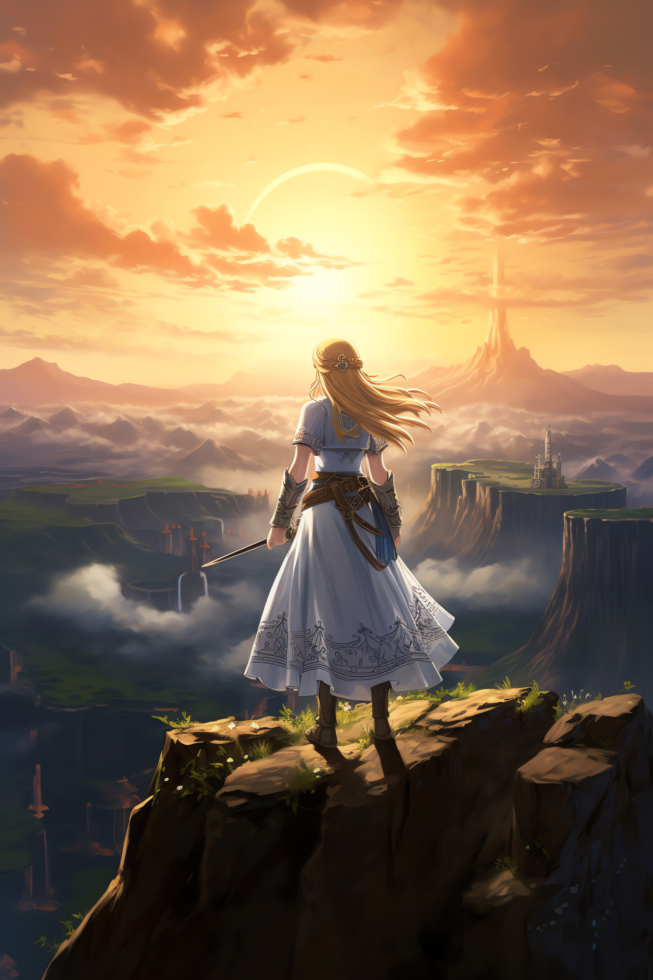 Zelda in ceremonial dress, Cliffside view, Hyrule fantasy setting, Sunset over realm, Breath of the Wild, HD Phone Image