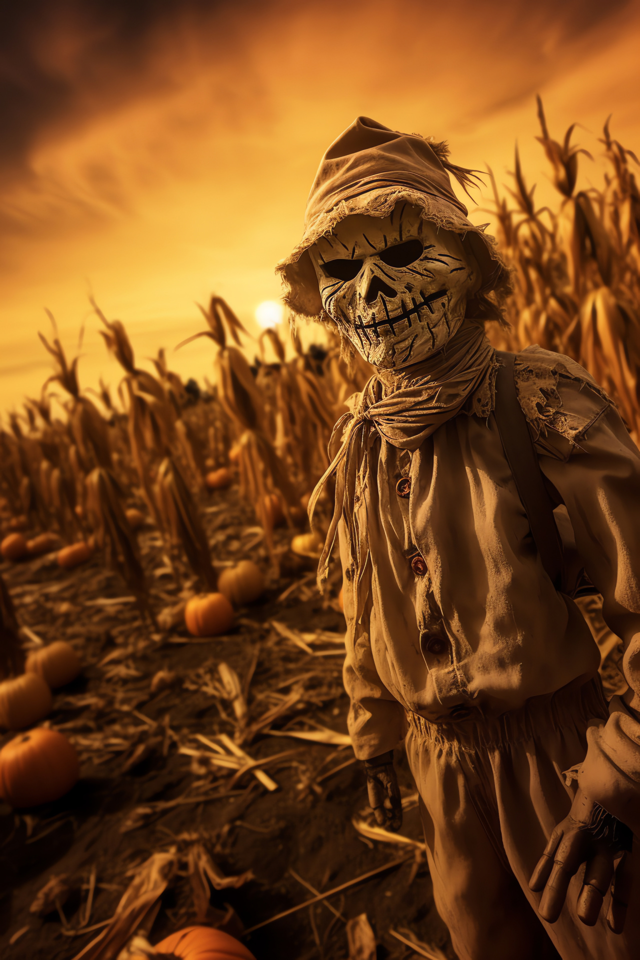 Autumn scarecrow, farm decoration, harvest season, rustic straw figure, pumpkin-headed sunset, HD Phone Wallpaper